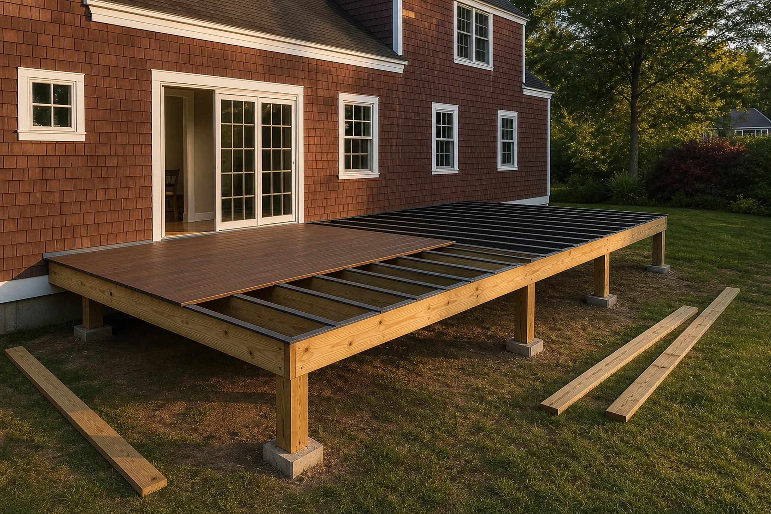 Partially built wooden deck with railing frame attached to a red-shingled house; no people visible in the photo.