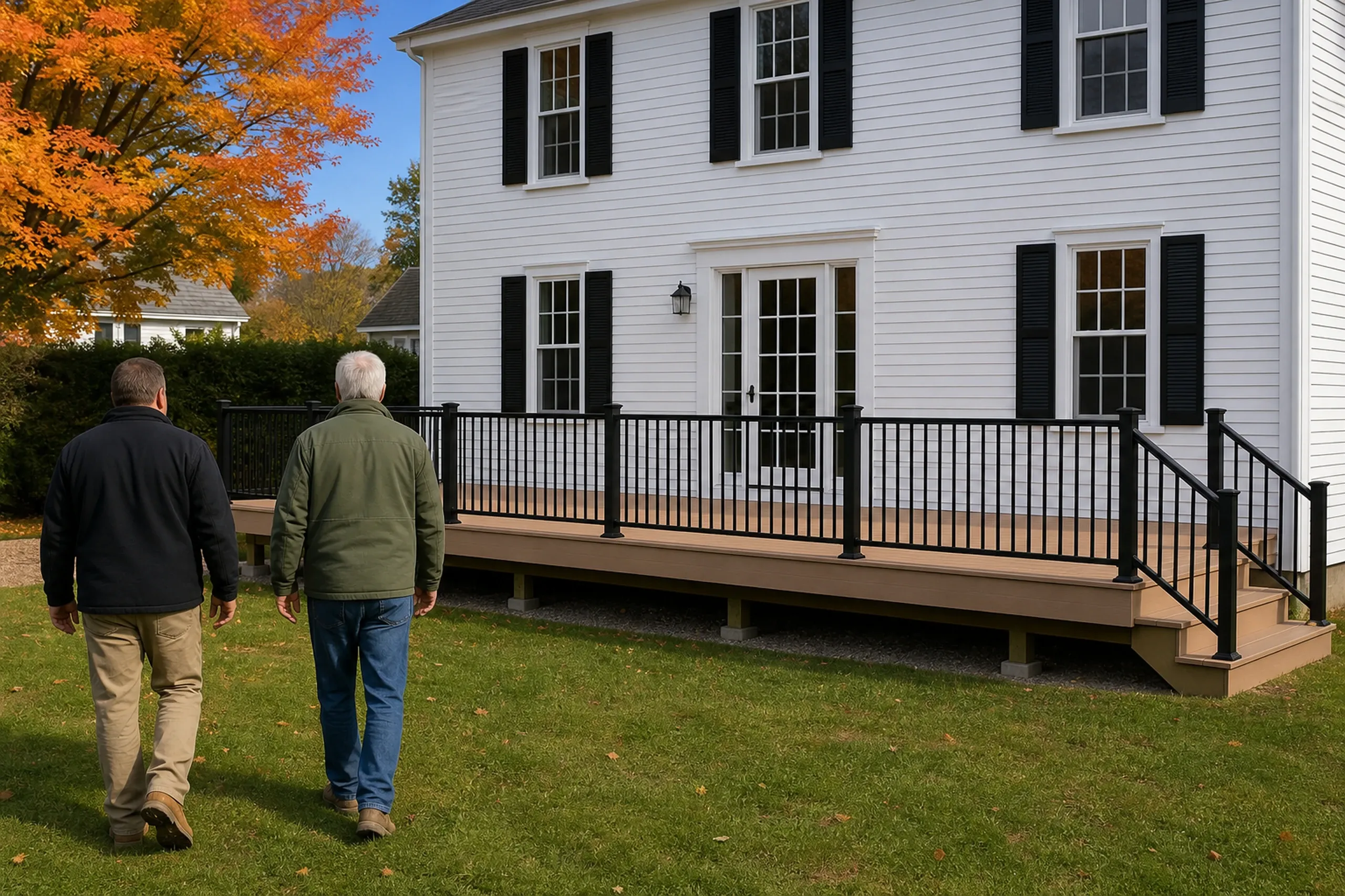 Two men walk on grass toward a raised brown deck with black metal railing outside a white house with black shutters.