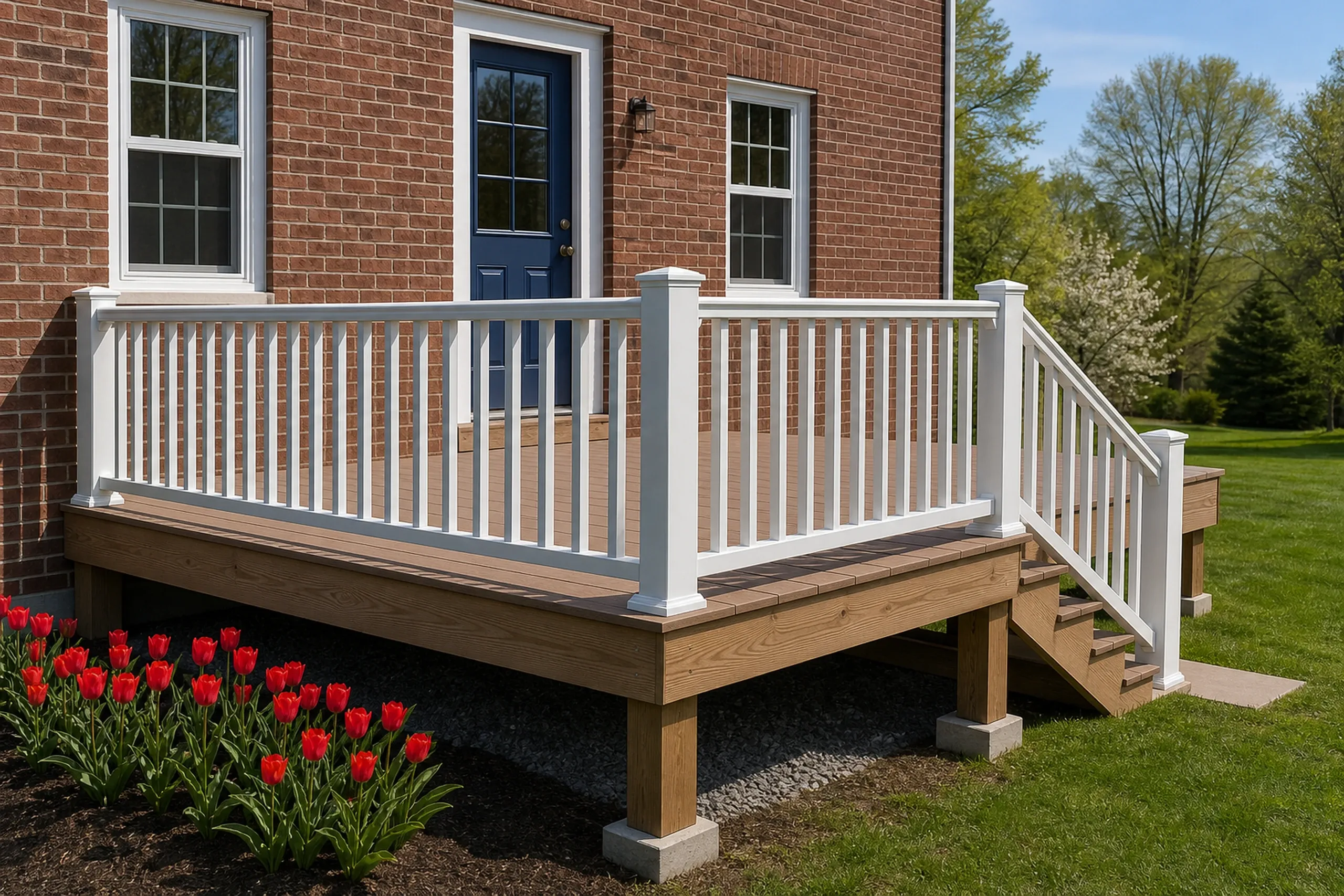 A wooden deck with white railing and stairs attached to a brick house with a blue door and two windows, no people present.