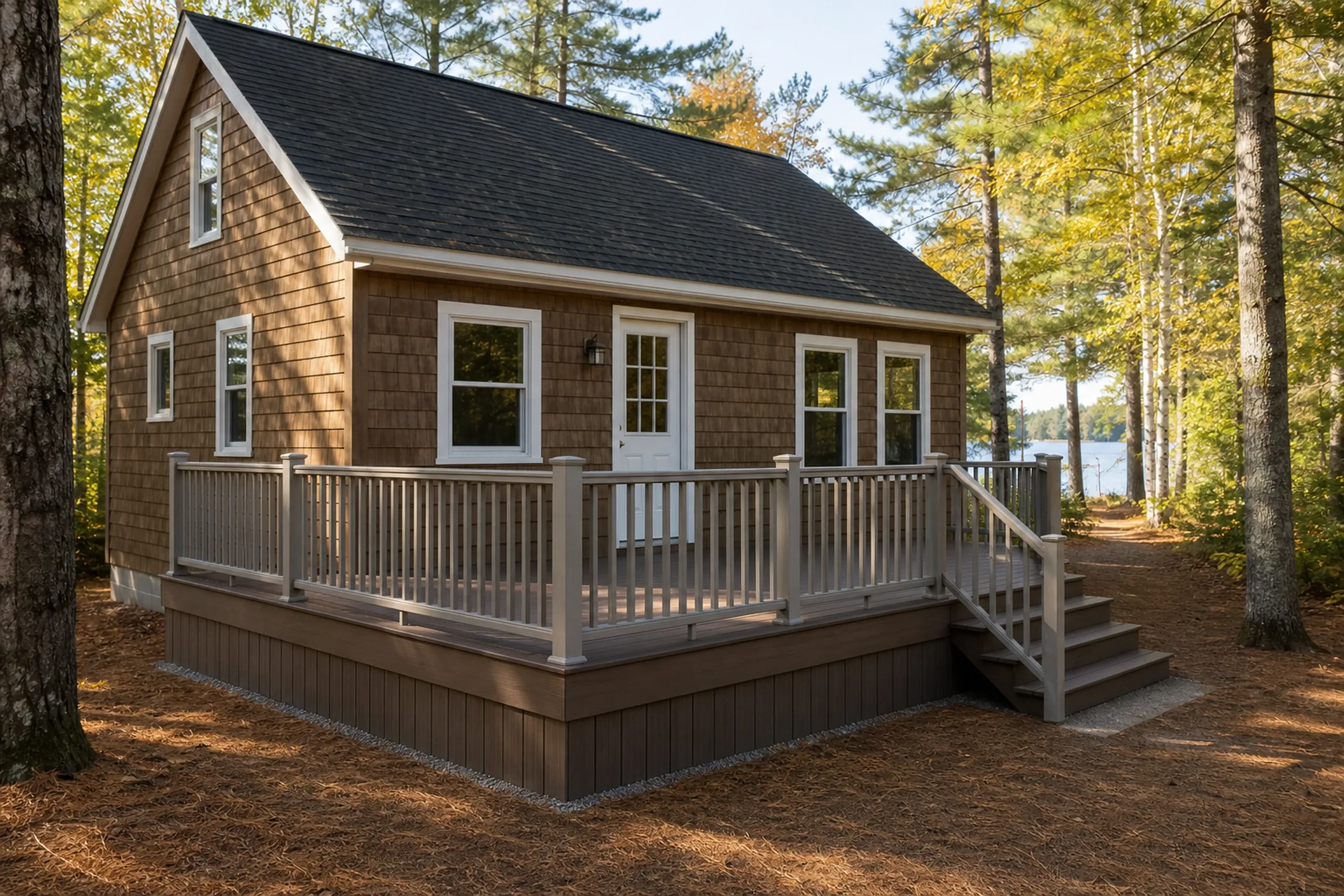 A brown house with white trim features a wide deck with beige railing and steps, surrounded by pine trees and two people on the deck.