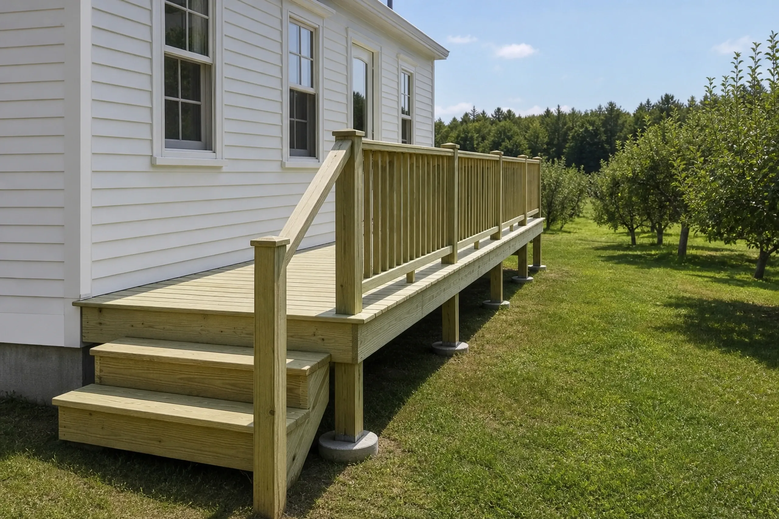 Wooden deck with railing attached to white house; two people standing on the deck by the door, grassy yard and trees nearby.