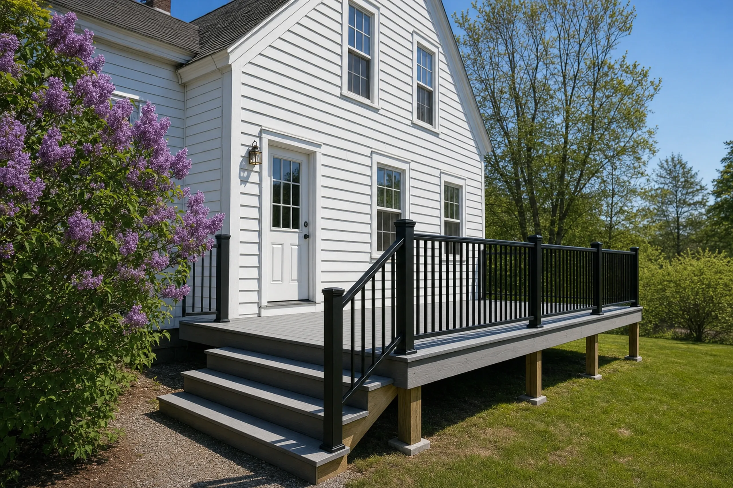 Deck builders in turner, me: Deck builders turner ME: Gray wooden deck with black metal railing and stairs attached to white house with closed door, surrounded by grass and trees.