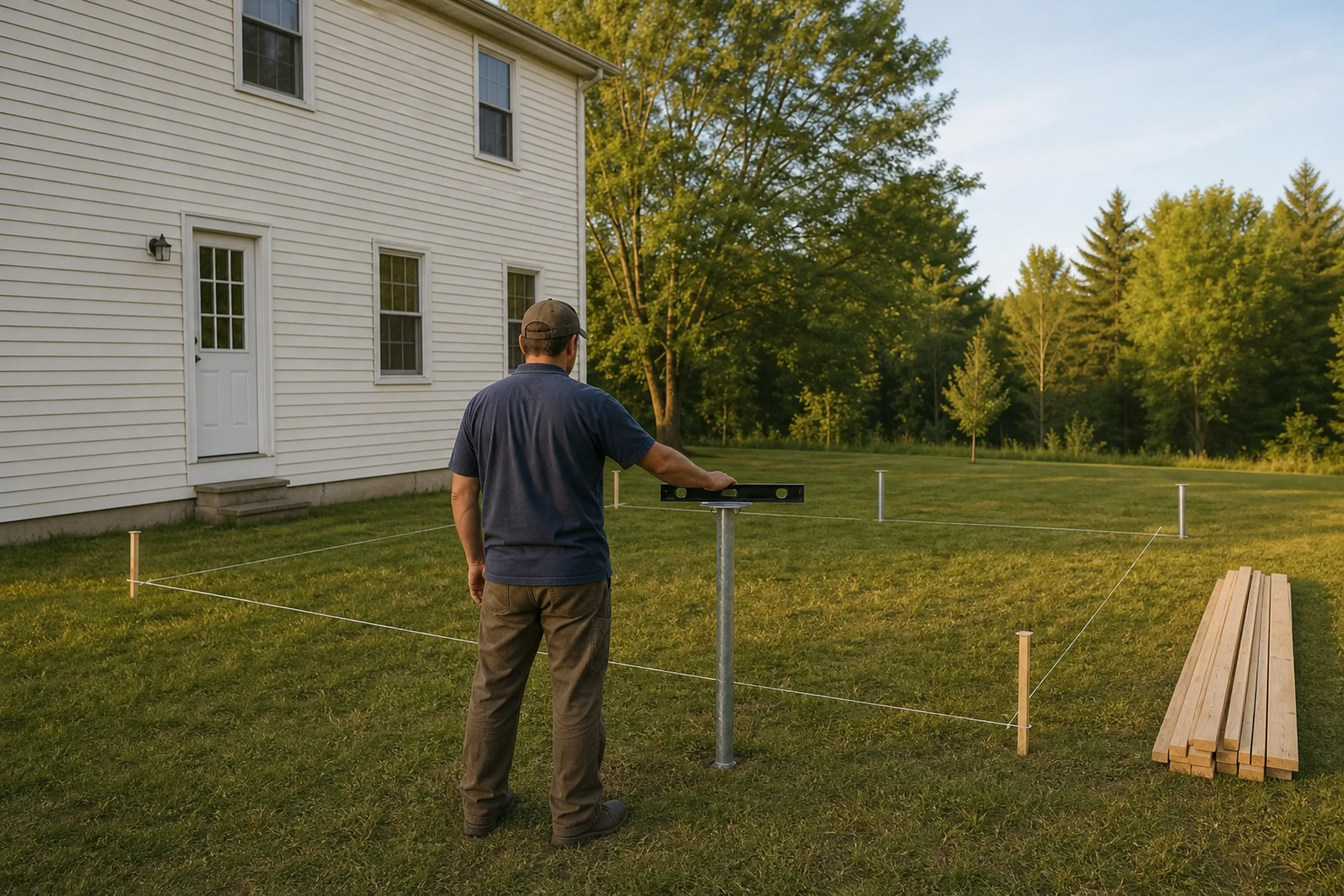 Man stands on grass using a level near string-outlines for a deck beside a white two-story house with windows and door.