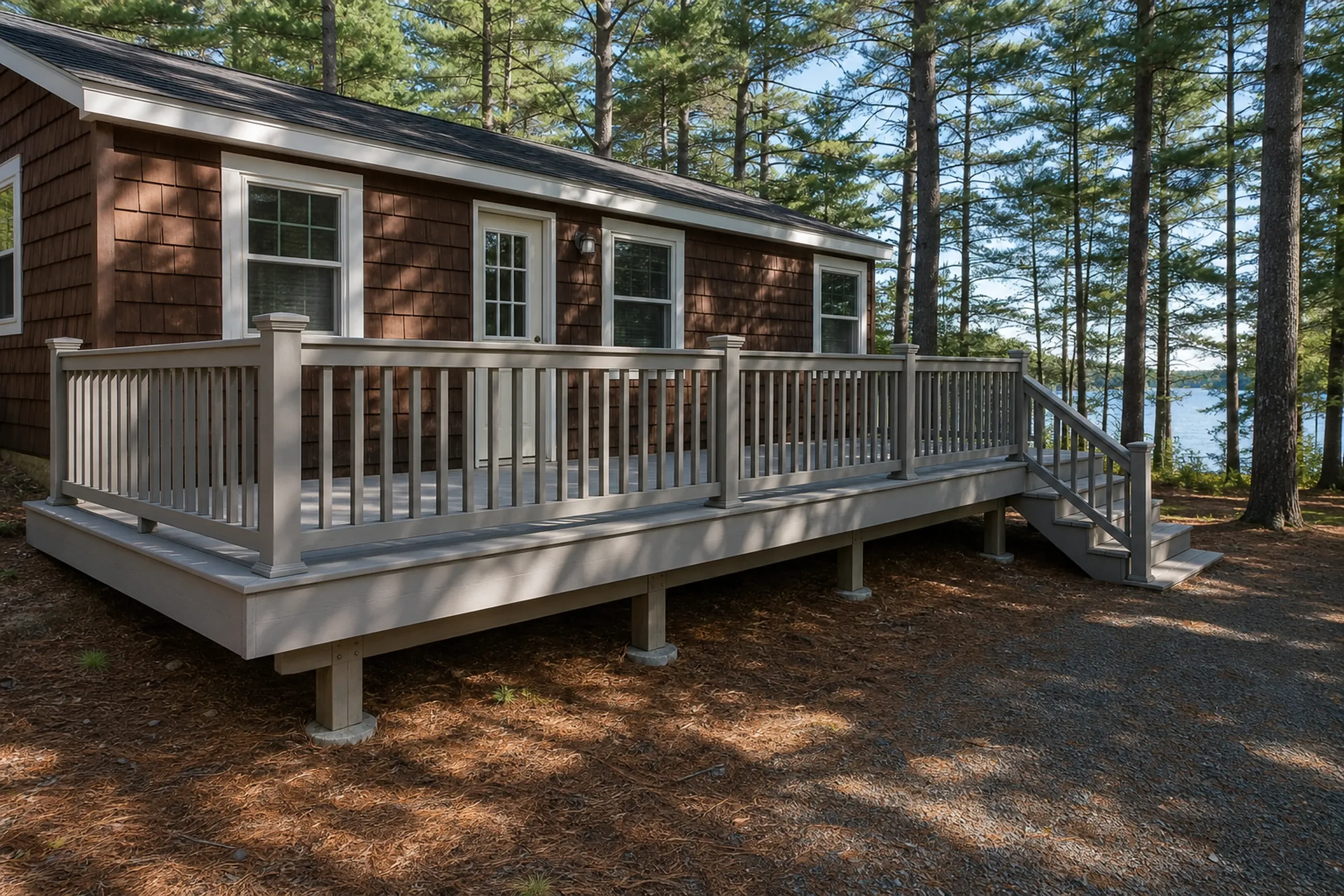 A gray wooden deck with railing and steps extends from a brown shingle house surrounded by pine trees and a visible lake.