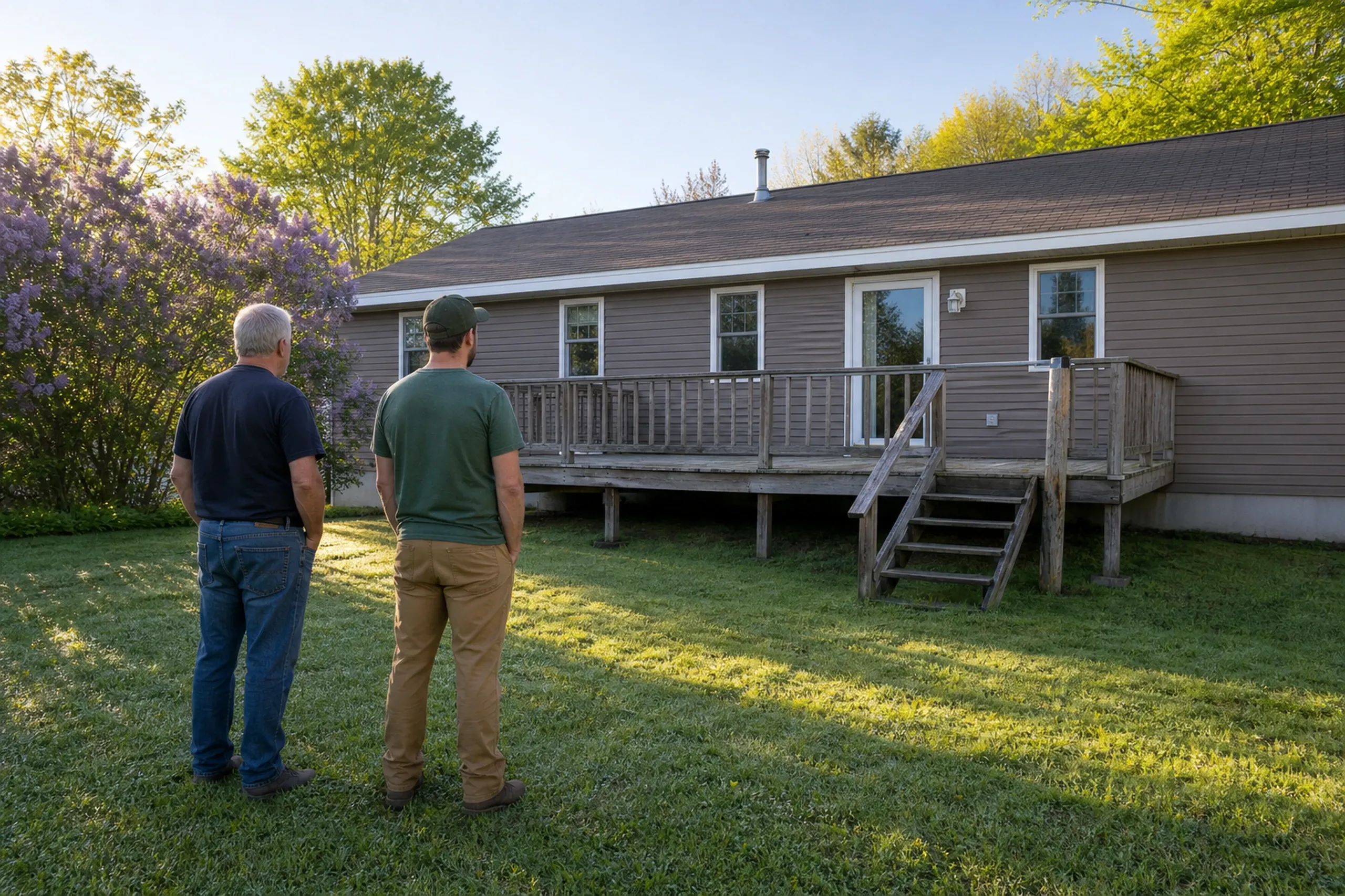 Two men stand on grass facing a brown single-story house with a wooden deck and railing in daylight.