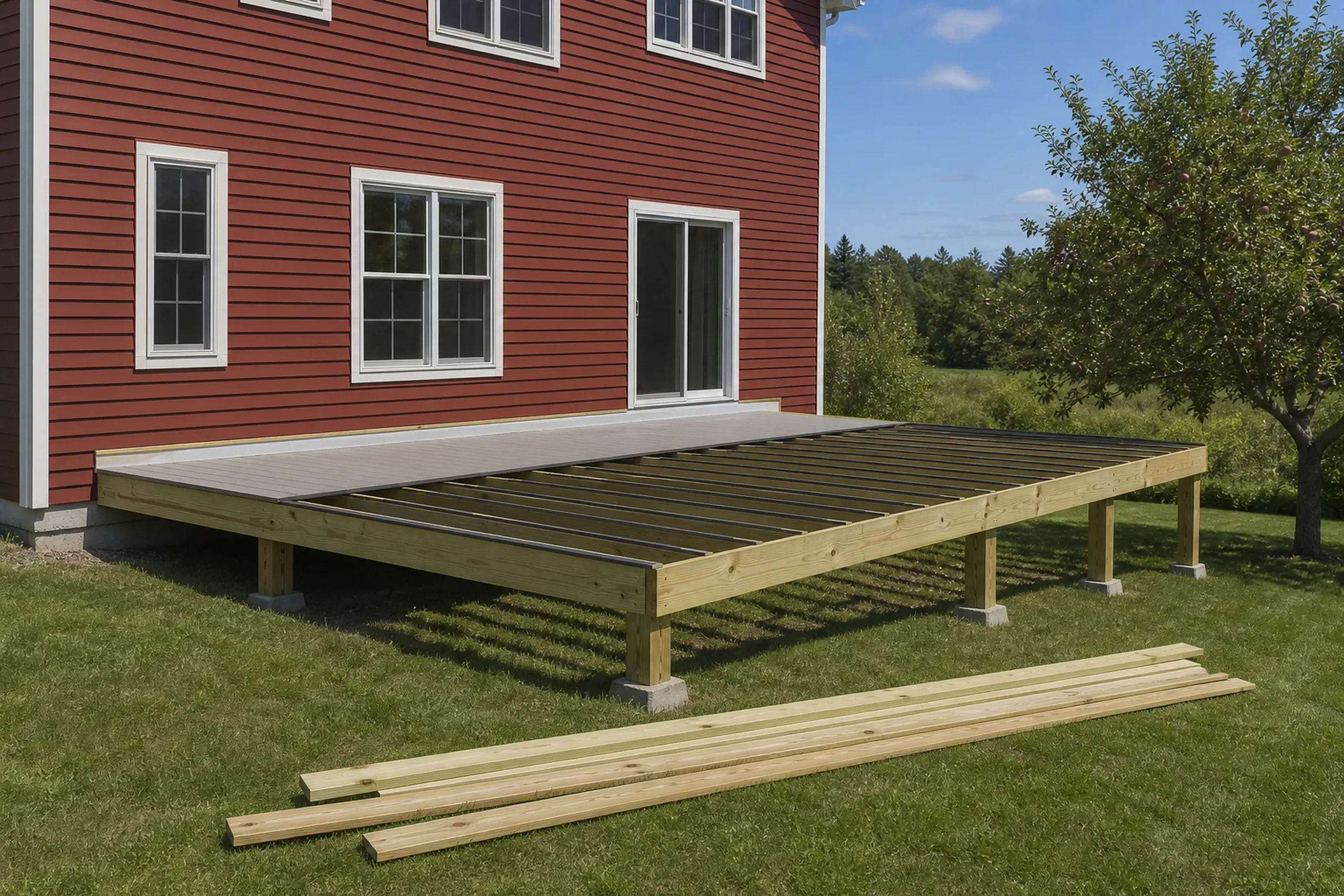 Wooden deck frame and partially built deck with no railing next to a red house with white-trimmed windows and door, no people.