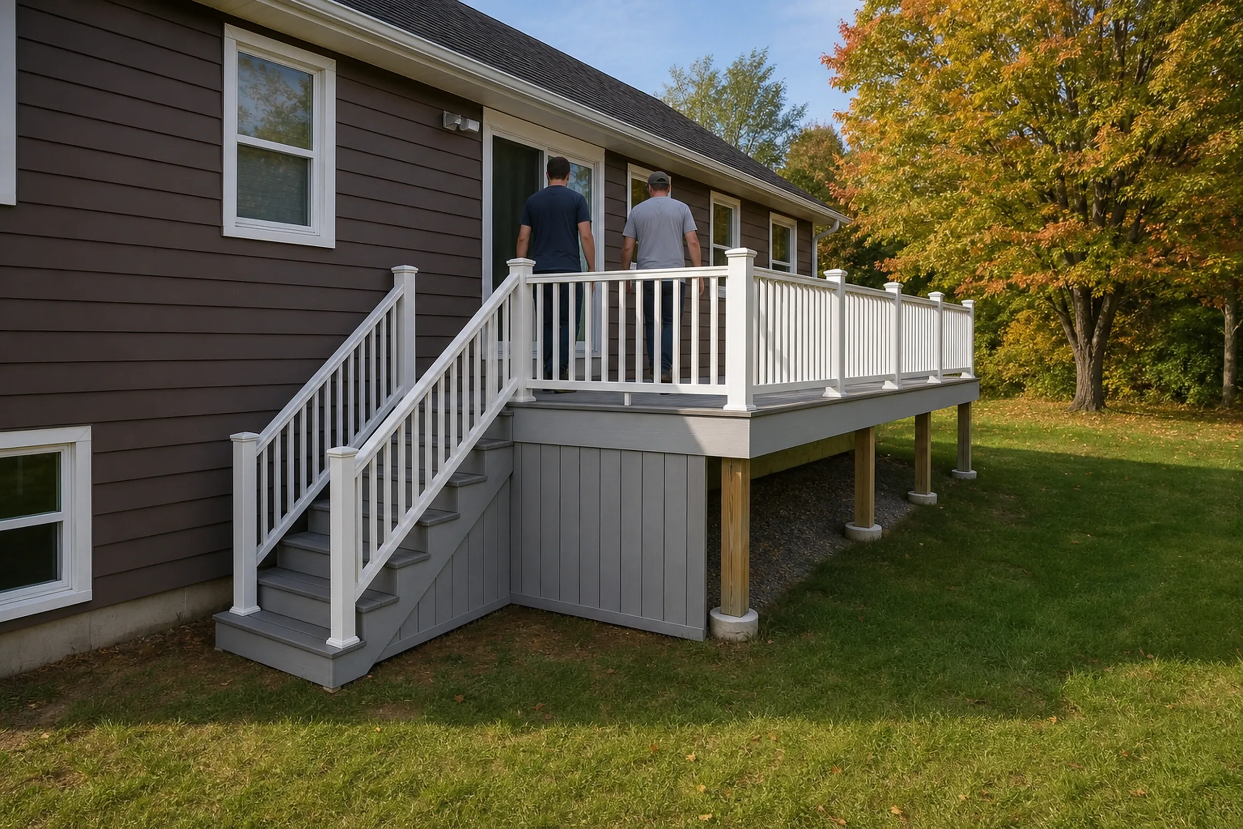 Two men walk on a gray raised deck with white railing attached to a brown house surrounded by green grass and autumn trees.