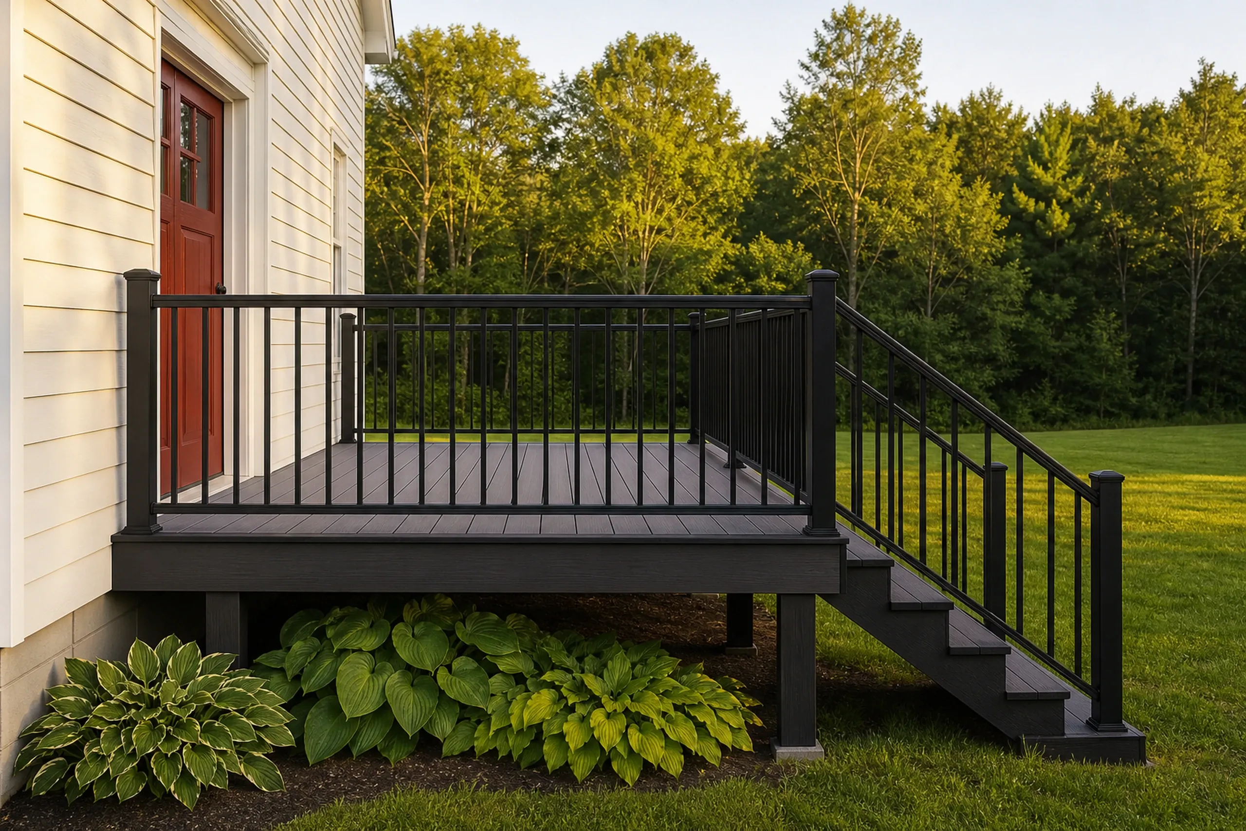 Small elevated dark wood deck with black metal railing and stairs attached to white house with red door, surrounded by green plants and lawn.