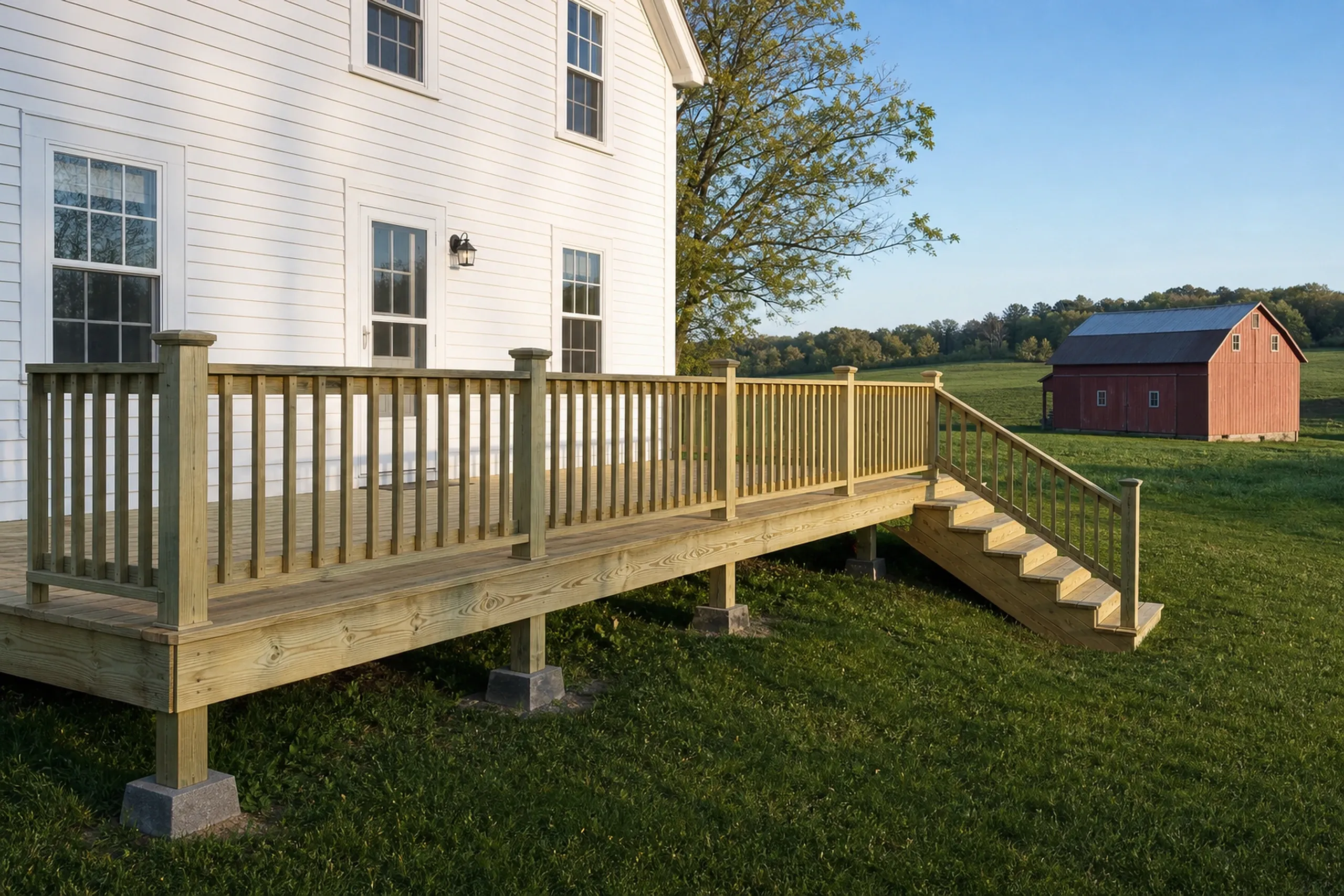 Wooden deck with vertical railing and stairs attached to white house, grassy yard, red barn and two people standing near the barn.