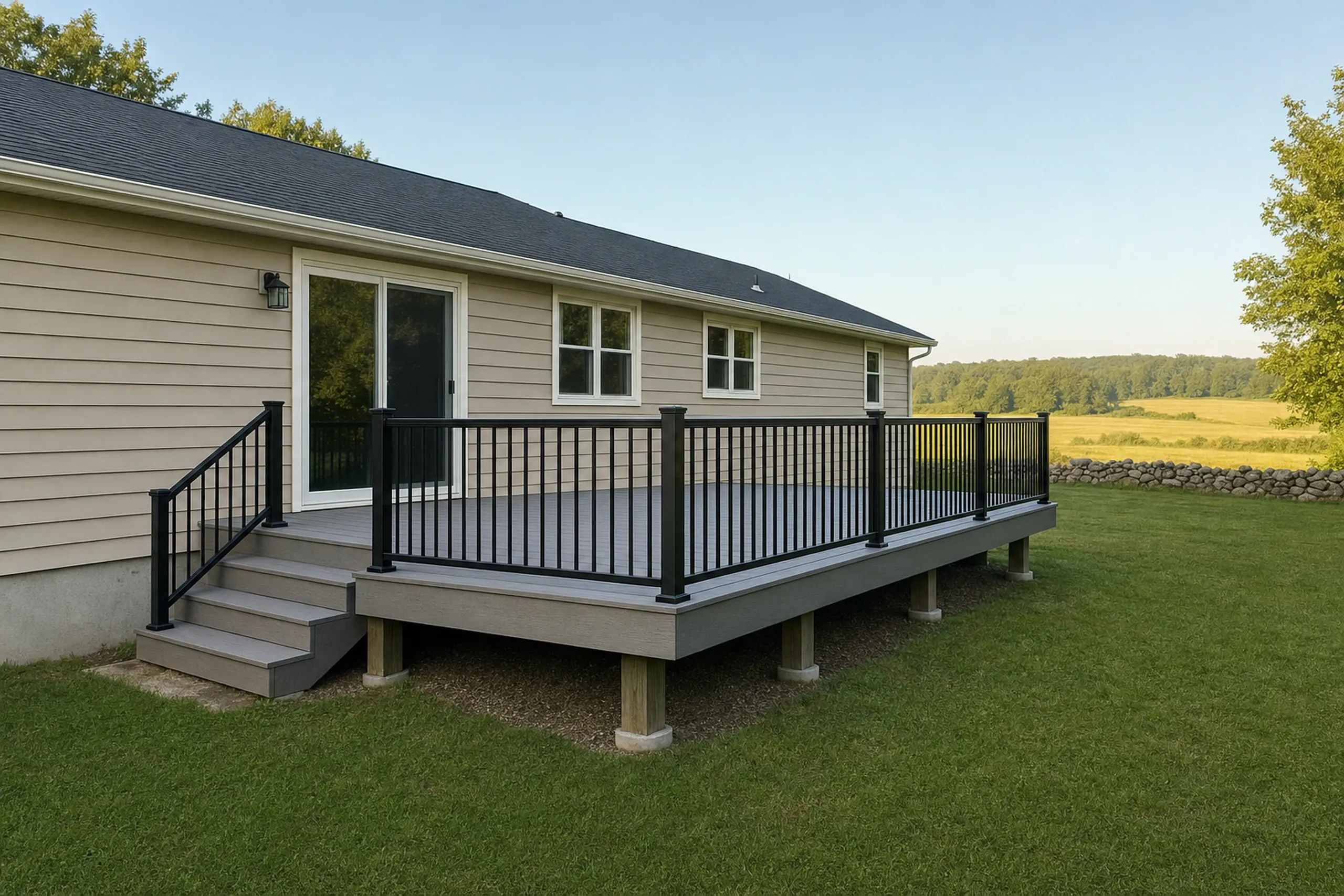 Deck builders in wales, me: Deck builders wales ME: Elevated rectangular deck with black metal railing, attached to beige siding house, no people visible.