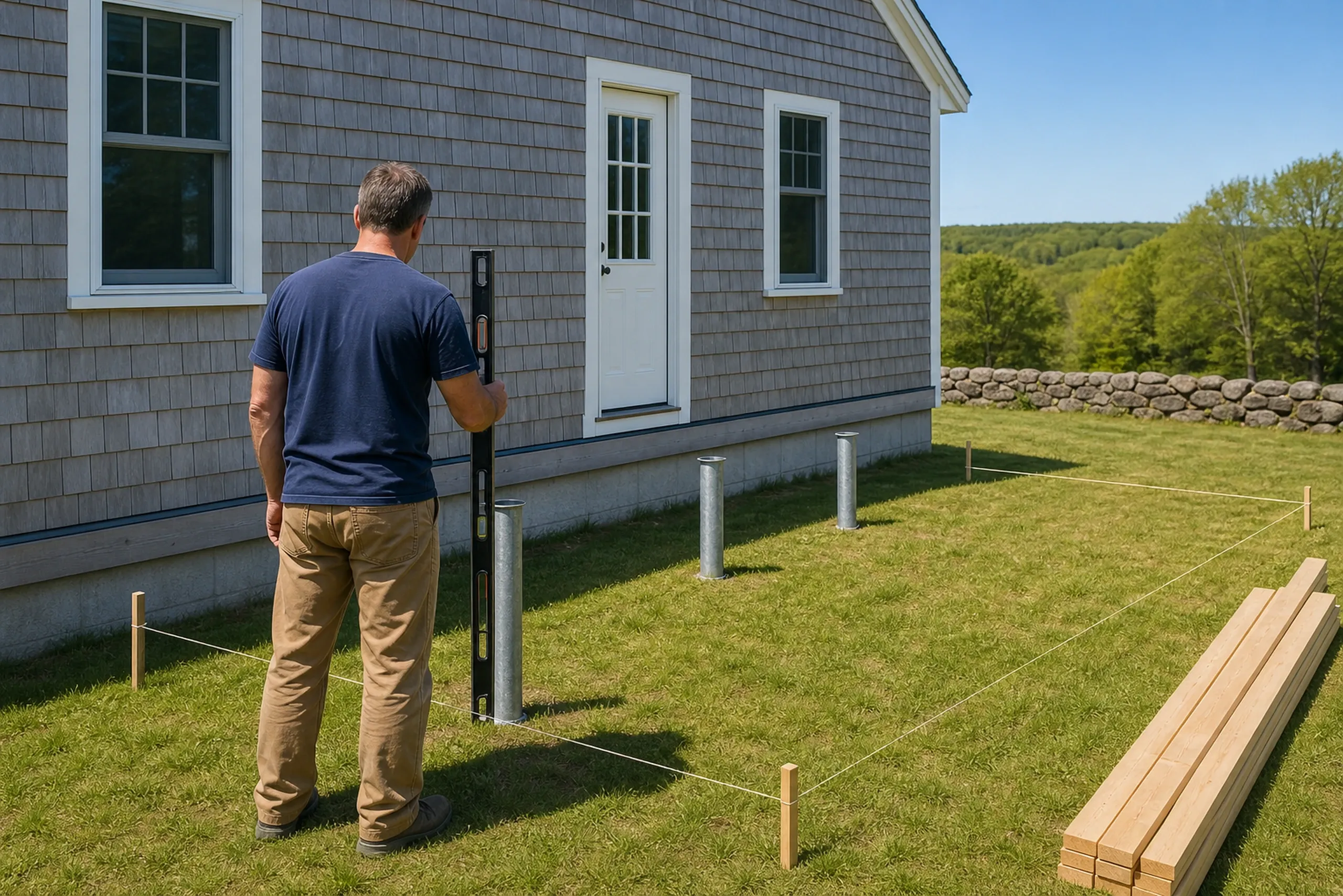 Man in navy shirt stands on grass next to a gray shingled house, measuring near metal posts for a future deck with string boundaries.
