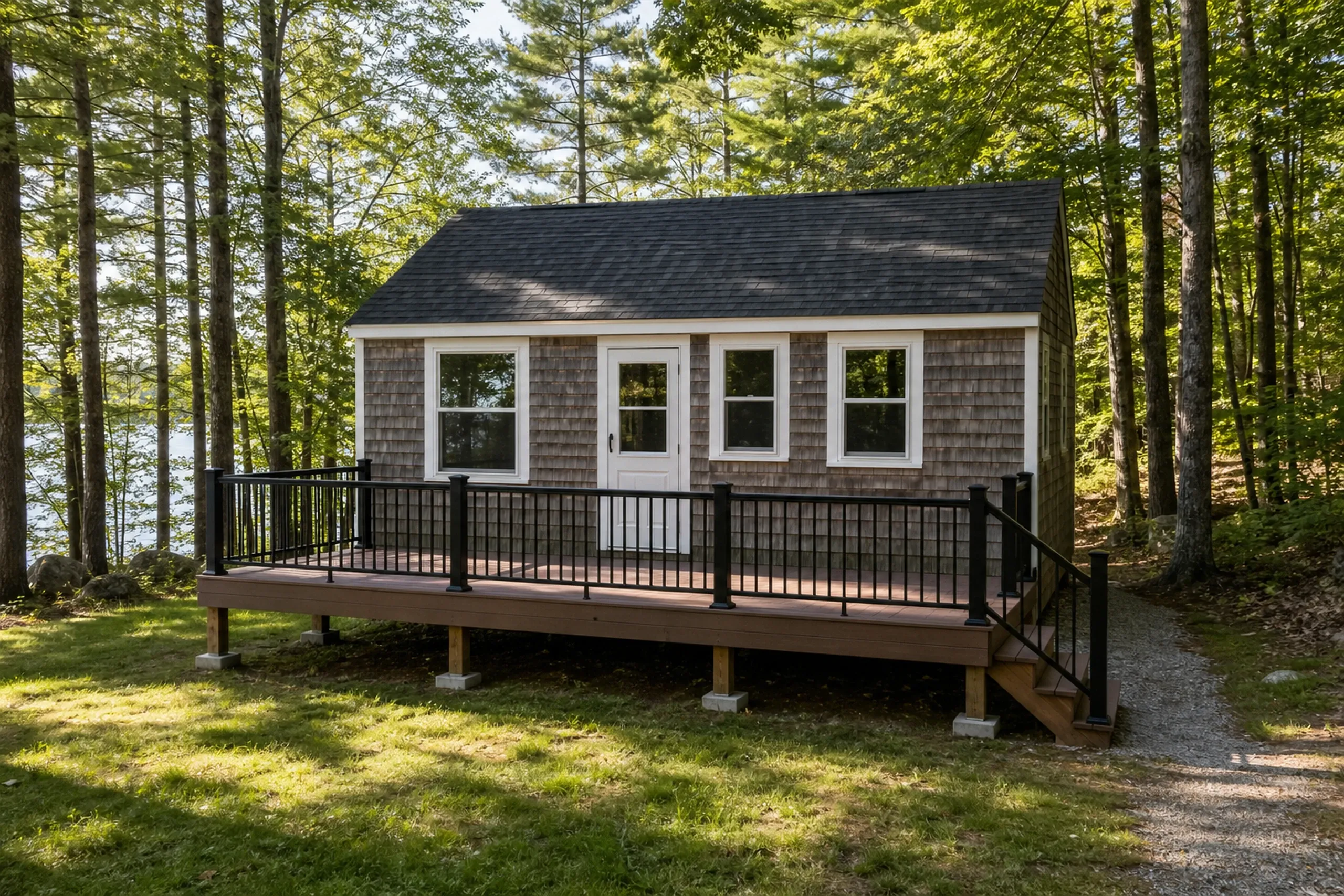A small gray-shingled house with white trim has a brown wooden deck with black metal railing and stairs on the right side.