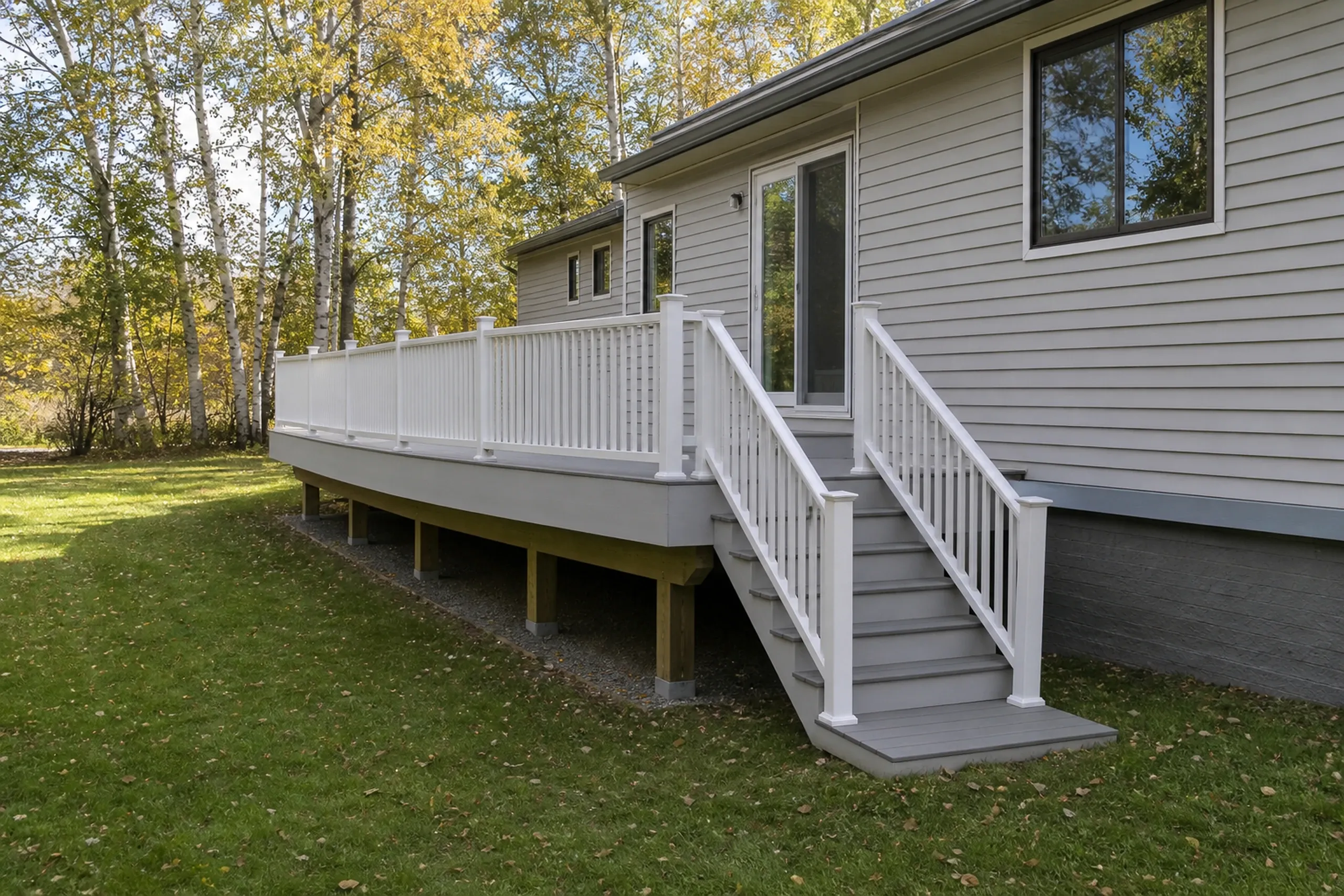 Gray elevated wooden deck with white railing and stairs leads to sliding door of gray siding house, surrounded by green lawn and trees.