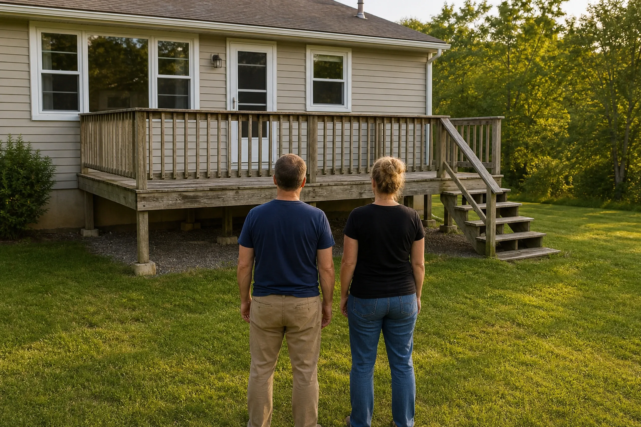 Two people stand on grass facing a beige house with a wooden deck, railing, and stairs in a sunlit yard.