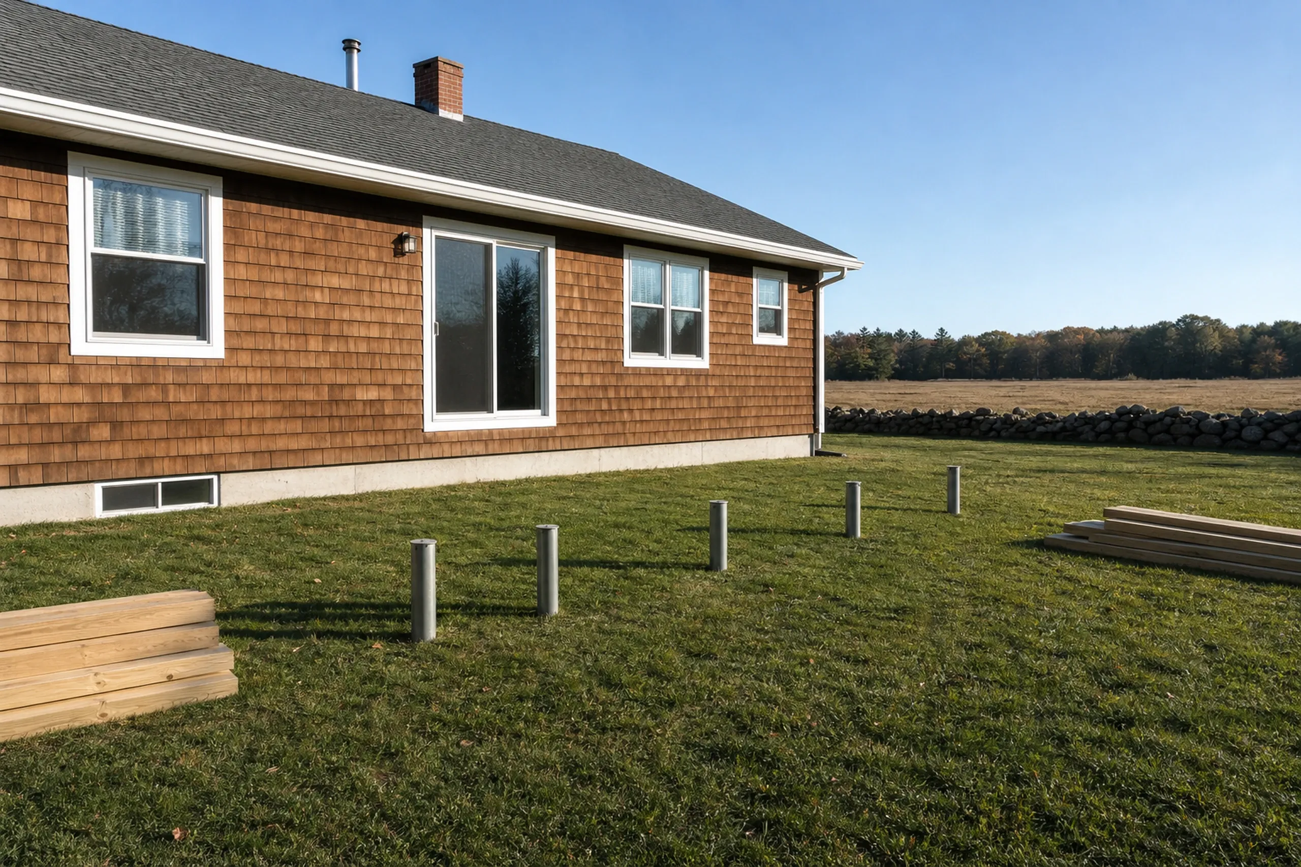 Grass yard with house featuring brown shingle siding and white trim; metal posts and wood planks for deck construction; no people visible.