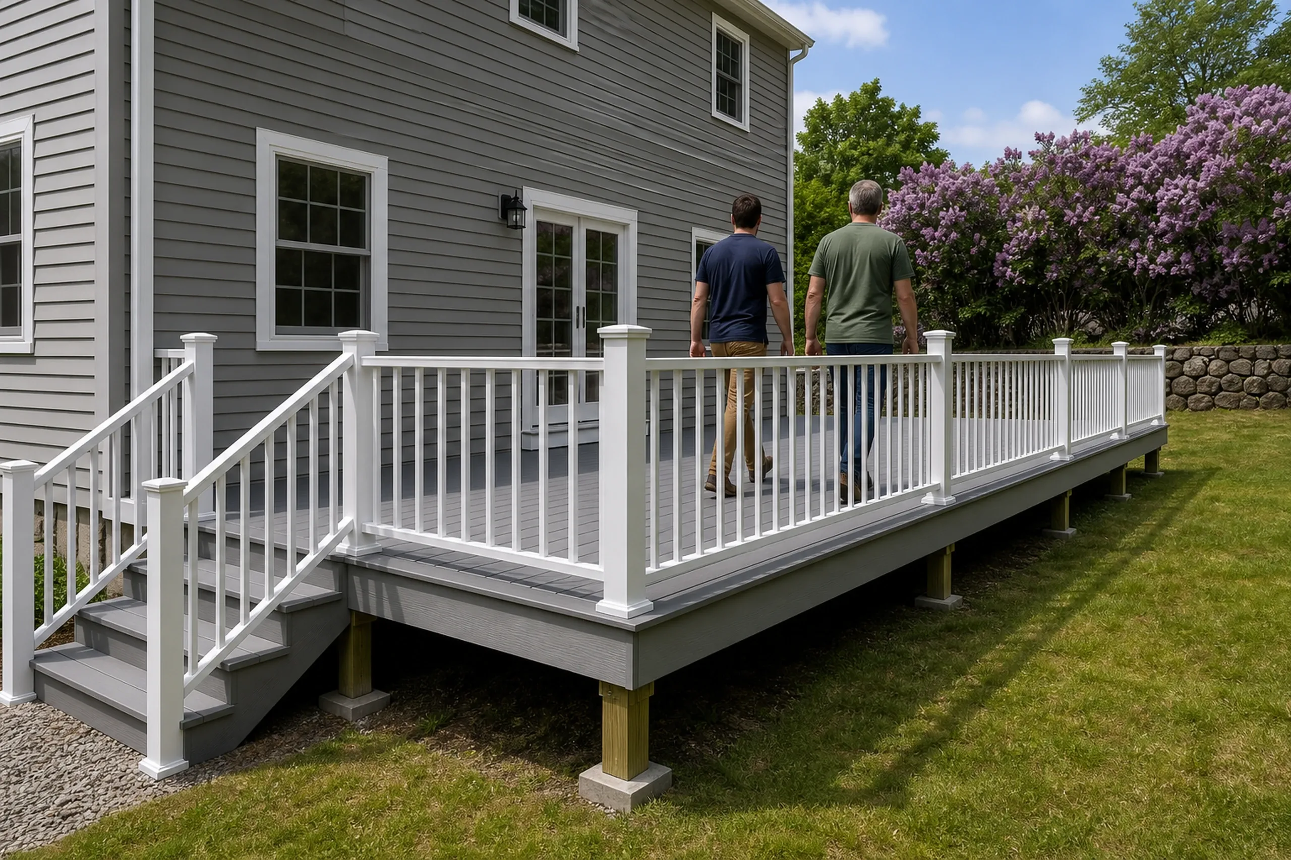 Two men walk on a gray deck with white railing attached to a gray house with white-trimmed windows and doors.