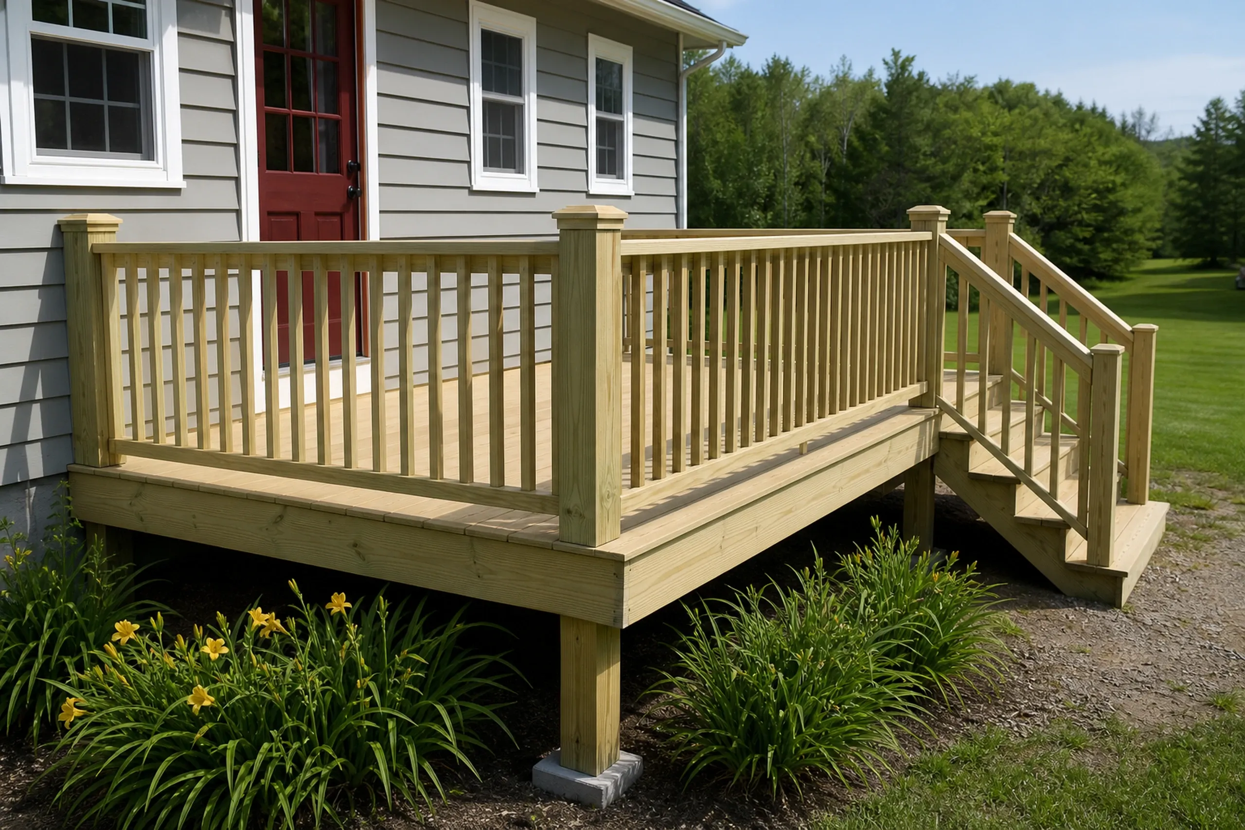 A wooden deck with vertical railing and steps is attached to a gray house with a red door; no people are visible.