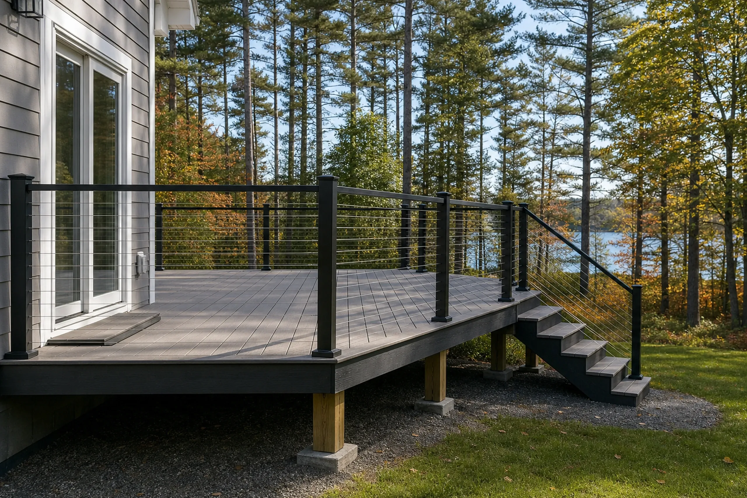 Elevated gray wood deck with black cable railing and steps attached to light gray siding house, overlooking forest and lake.
