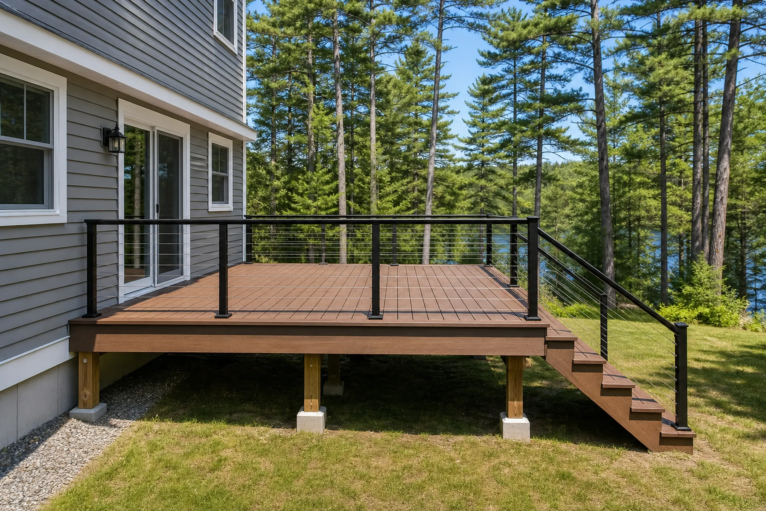 Raised wooden deck with black metal cable railing attached to gray house, overlooking grassy yard with tall pine trees by lake.