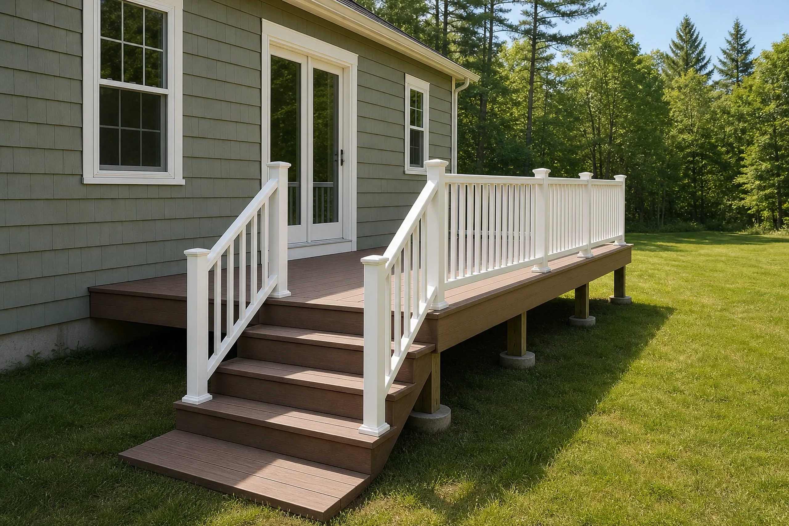 A raised brown deck with white railing and stairs attached to a green house with white trim, surrounded by grass and trees.