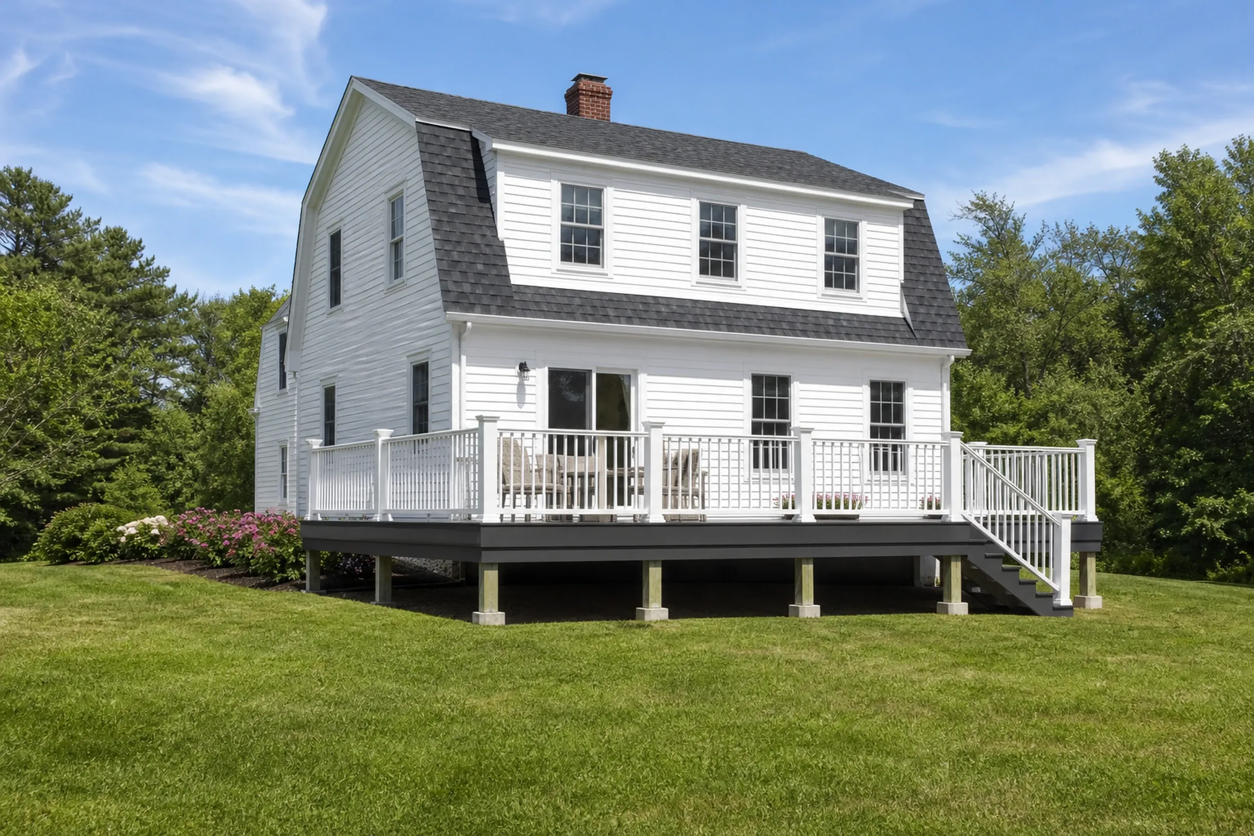 White two-story house with black roof, elevated gray deck with white railing, set on green lawn with no people visible.