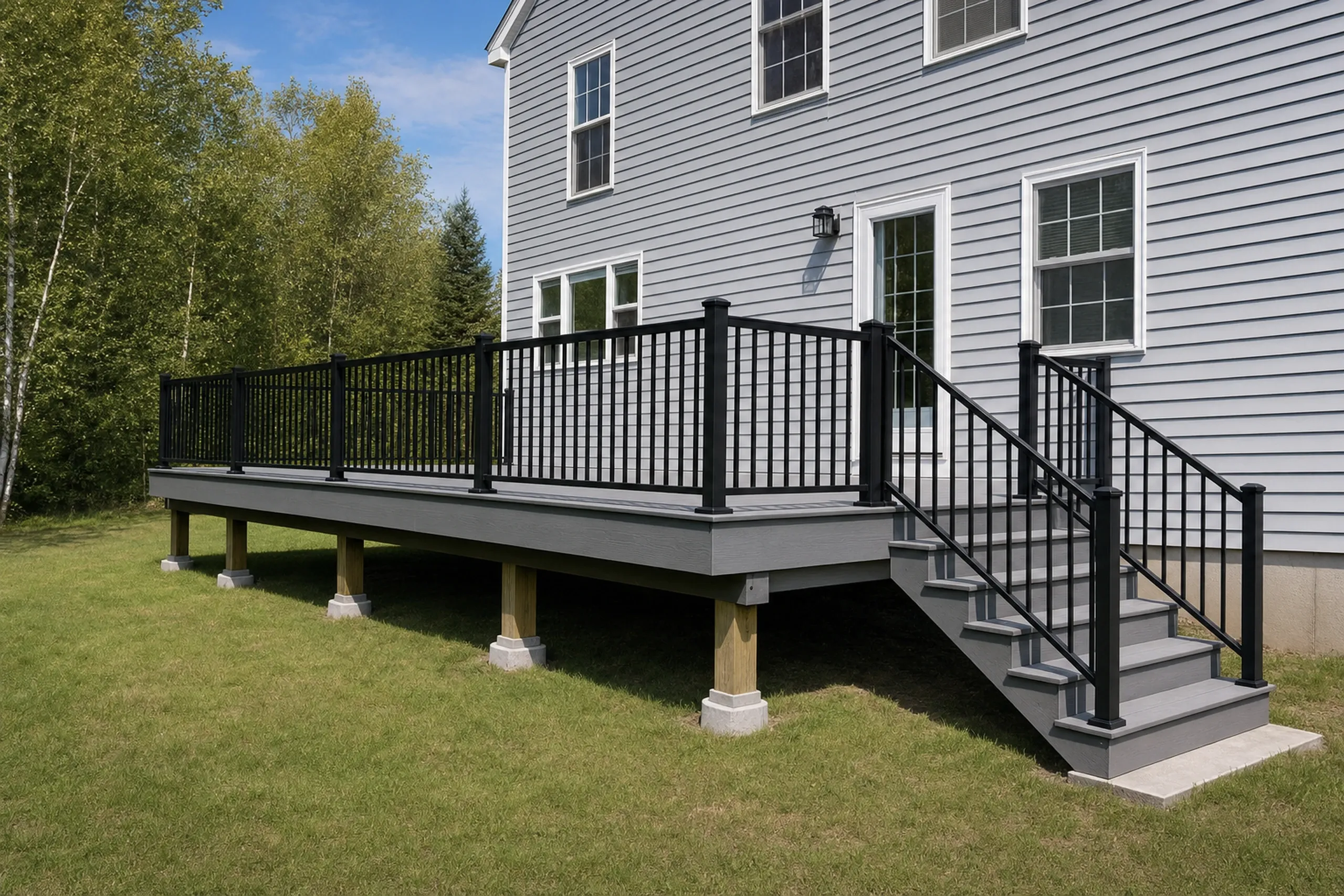 Deck railings: A gray wooden deck with black metal railing and stairs is attached to a light gray house with six visible windows and a door.