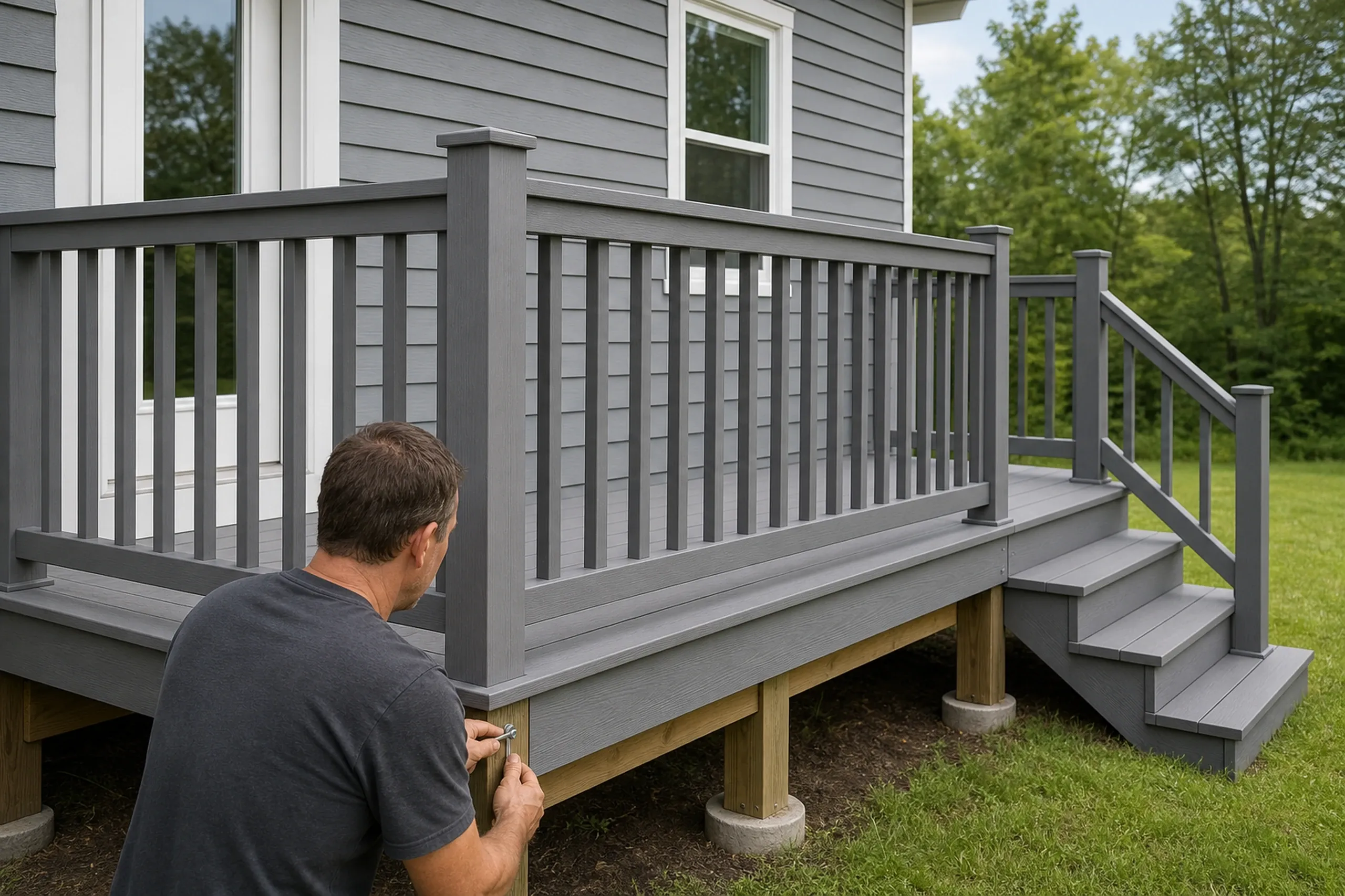 Man in dark shirt attaching hardware to gray wooden deck with matching railing and steps outside gray house with white-framed windows.