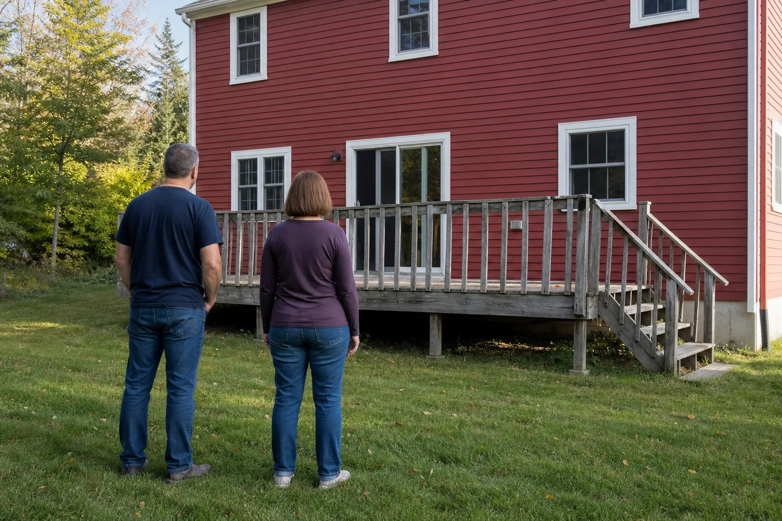 Two people stand on grass facing a weathered wooden deck with railing and stairs attached to a red two-story house.