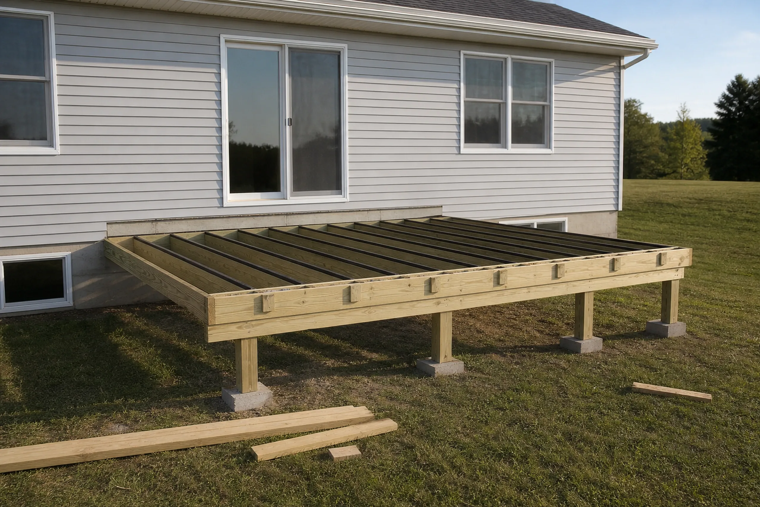 Wooden deck frame without flooring attached, supported by posts on concrete blocks, attached to a beige house with sliding and double windows.