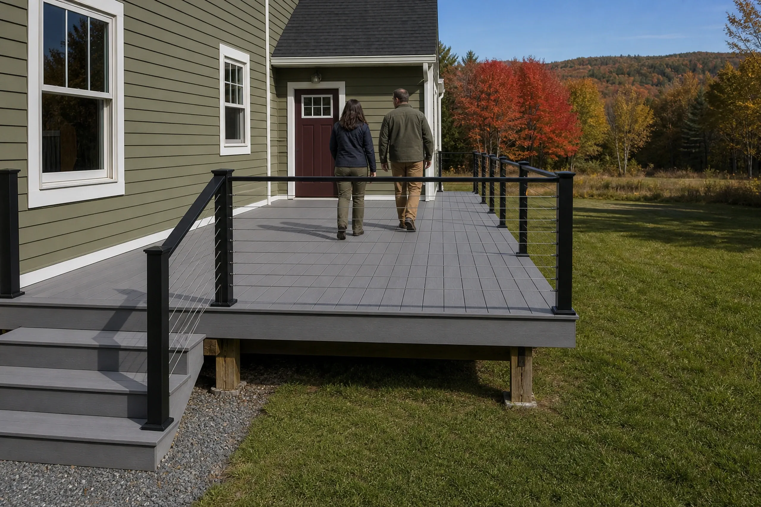 Two people walk on a gray wooden deck with black cable railing attached to a green house with white trim and a red door.