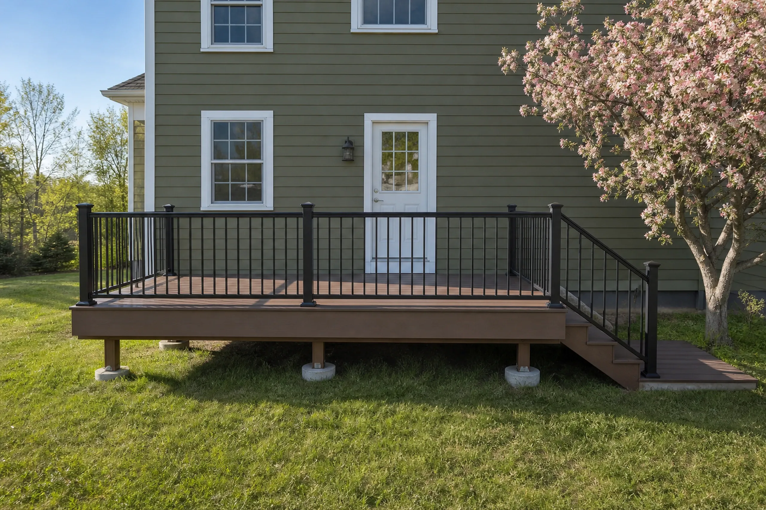 Brown wooden deck with black metal railing and stairs attached to green house with two windows and a door; flowering tree nearby; no people.