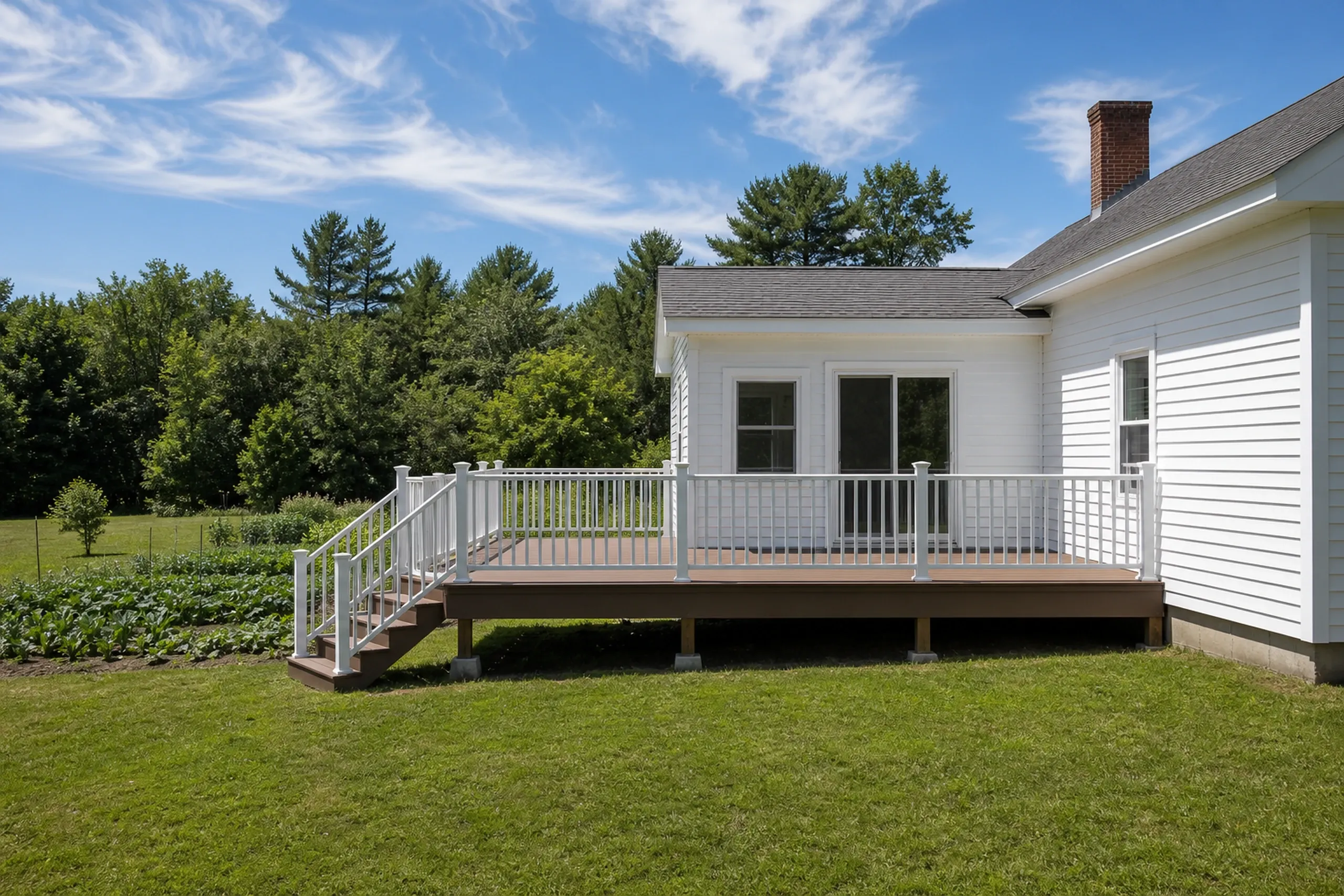 A brown wooden deck with white railing and stairs attached to a white house with two windows and a chimney, no people visible.