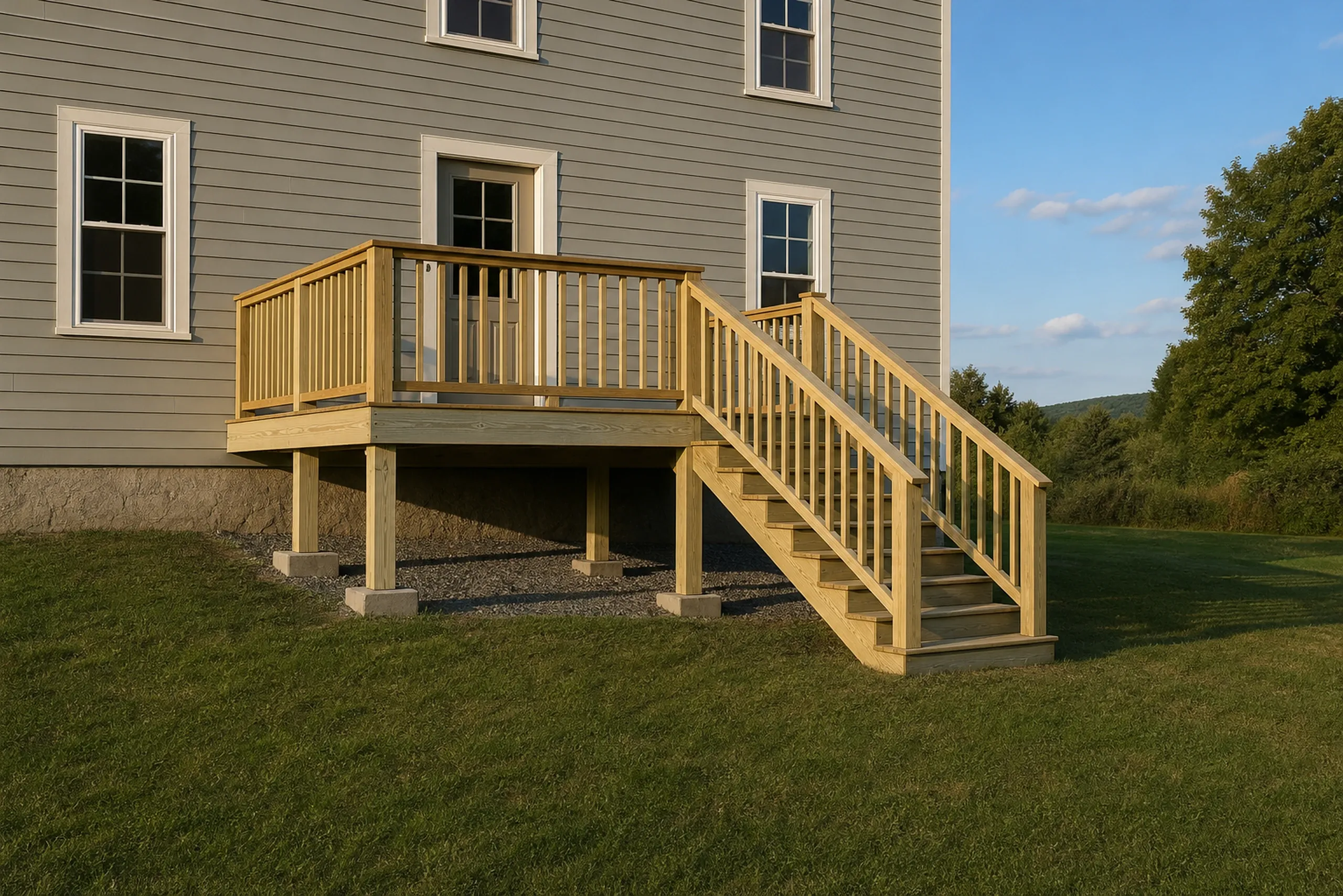 Small wooden deck with railing and stairs attached to beige house with three windows, no people visible.