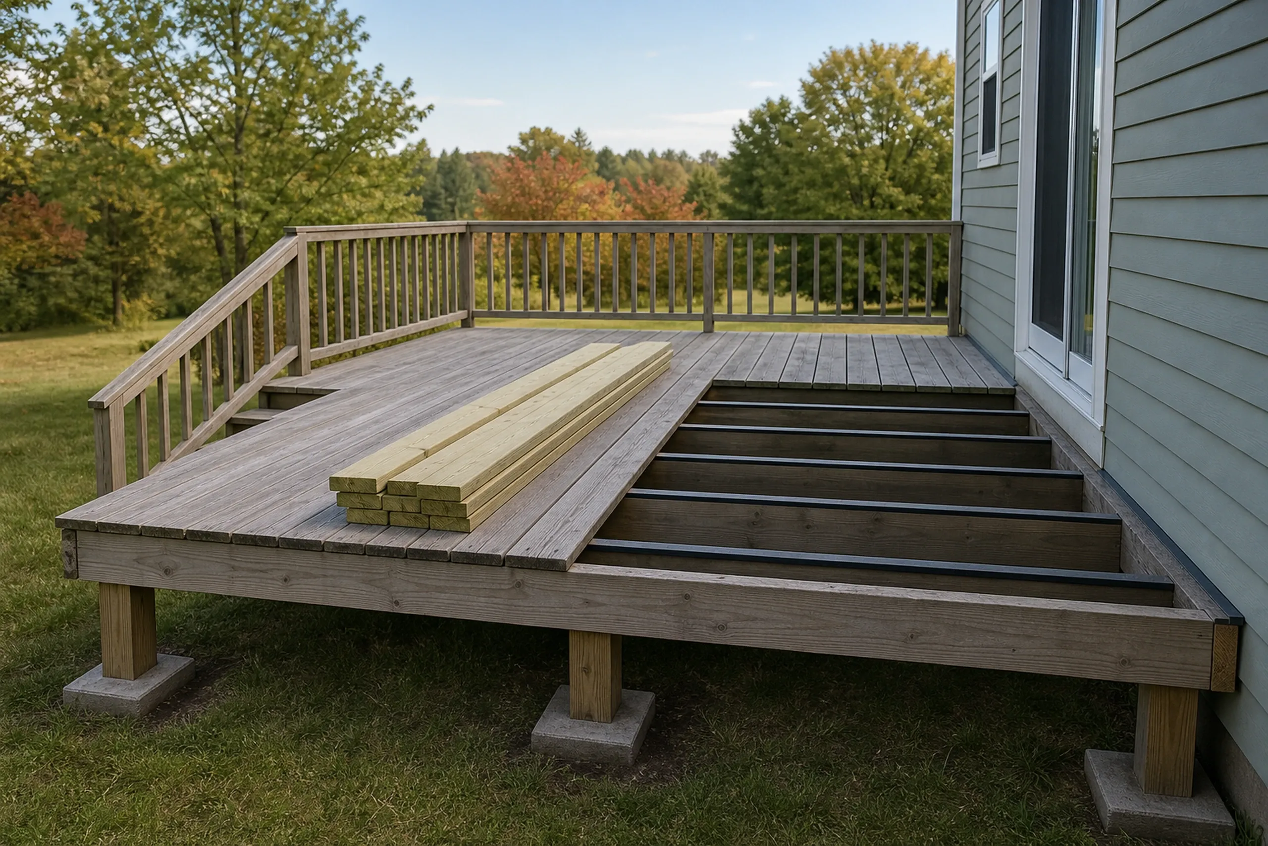 Wood deck with railing attached to gray house, stacked lumber on deck, and open section showing exposed joists in yard.