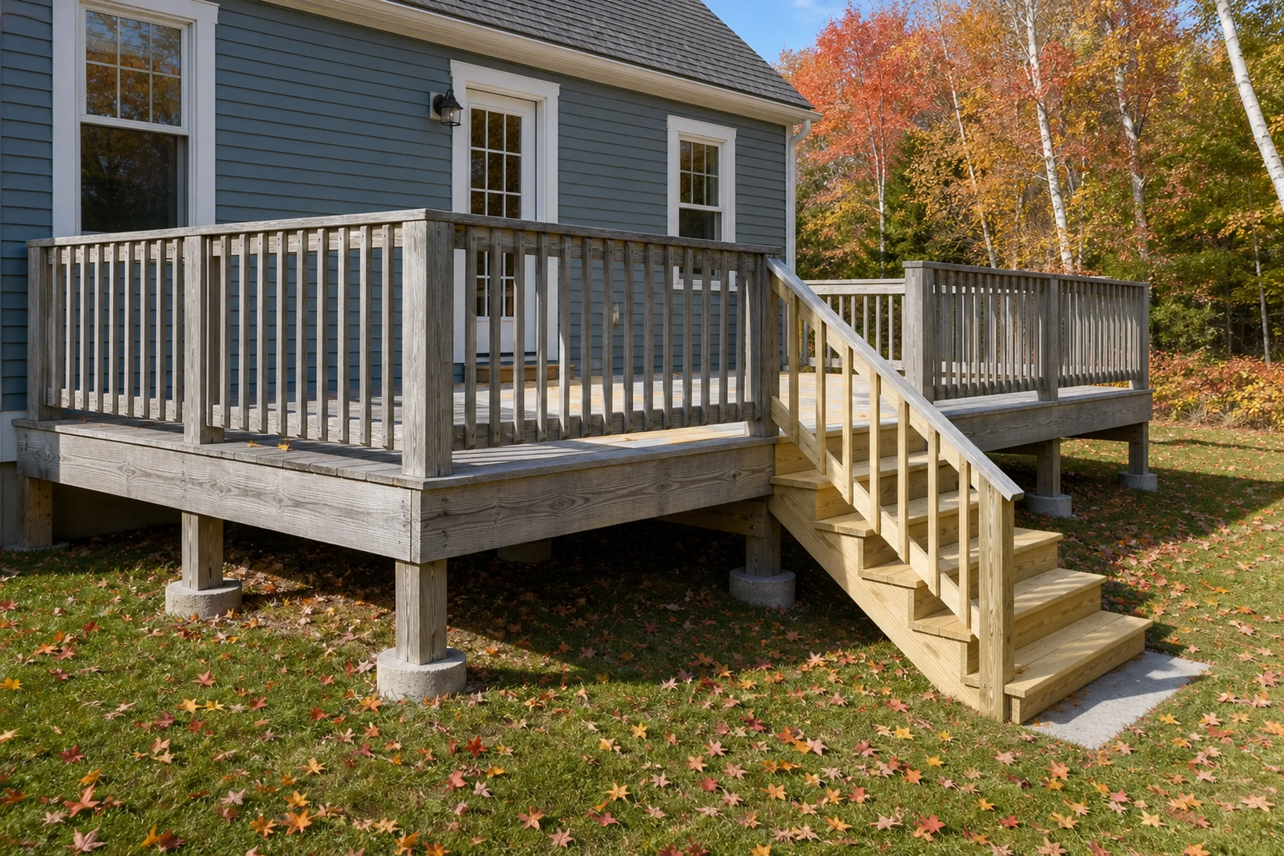 Wooden deck with vertical railings and stairs attached to a blue house with two windows and a white door; no people visible.