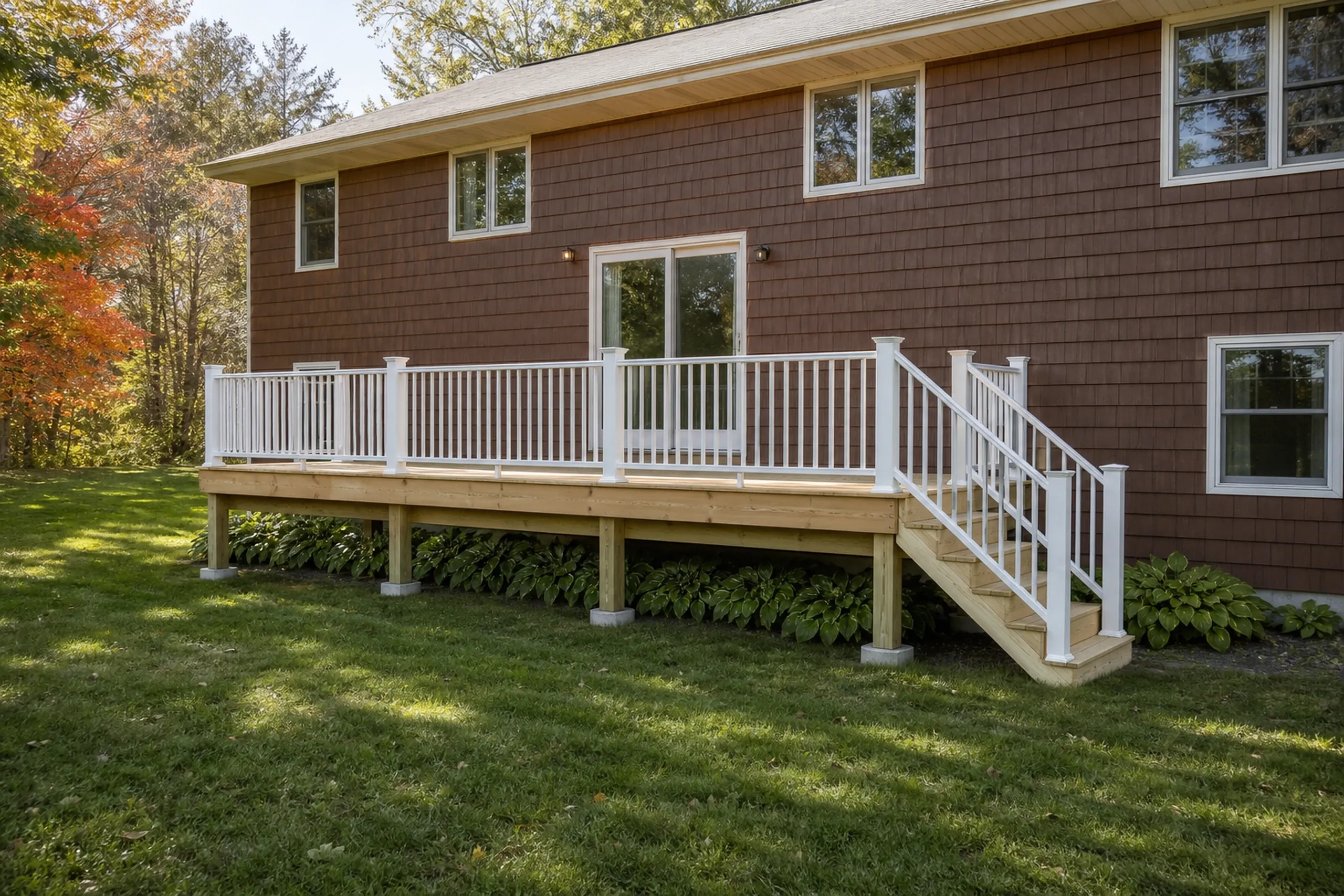 A raised wooden deck with white railing and stairs attached to a brown house with five visible windows and no people.