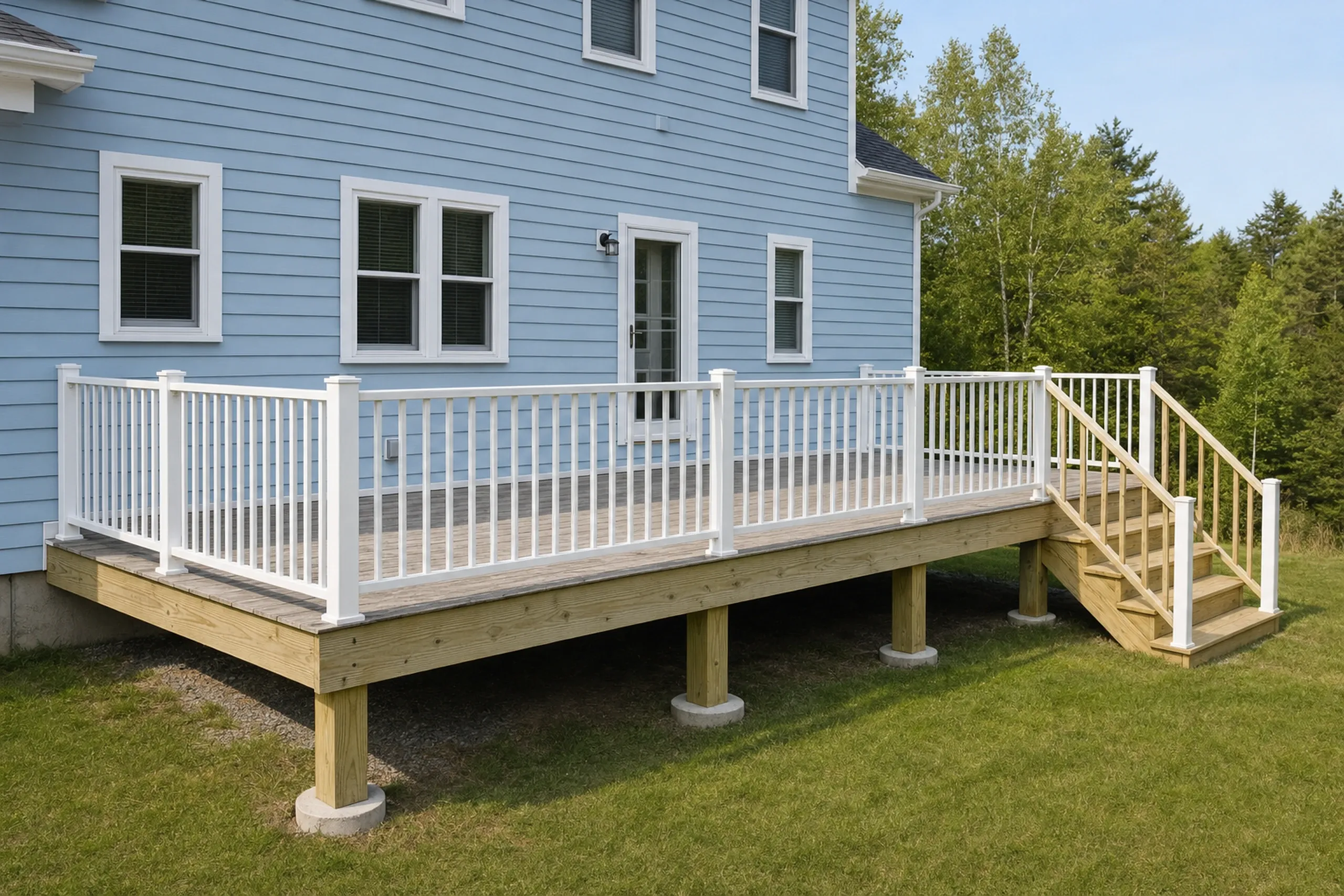 Deck repair: Raised wooden deck with white railing and stairs attached to a blue house, no people visible.