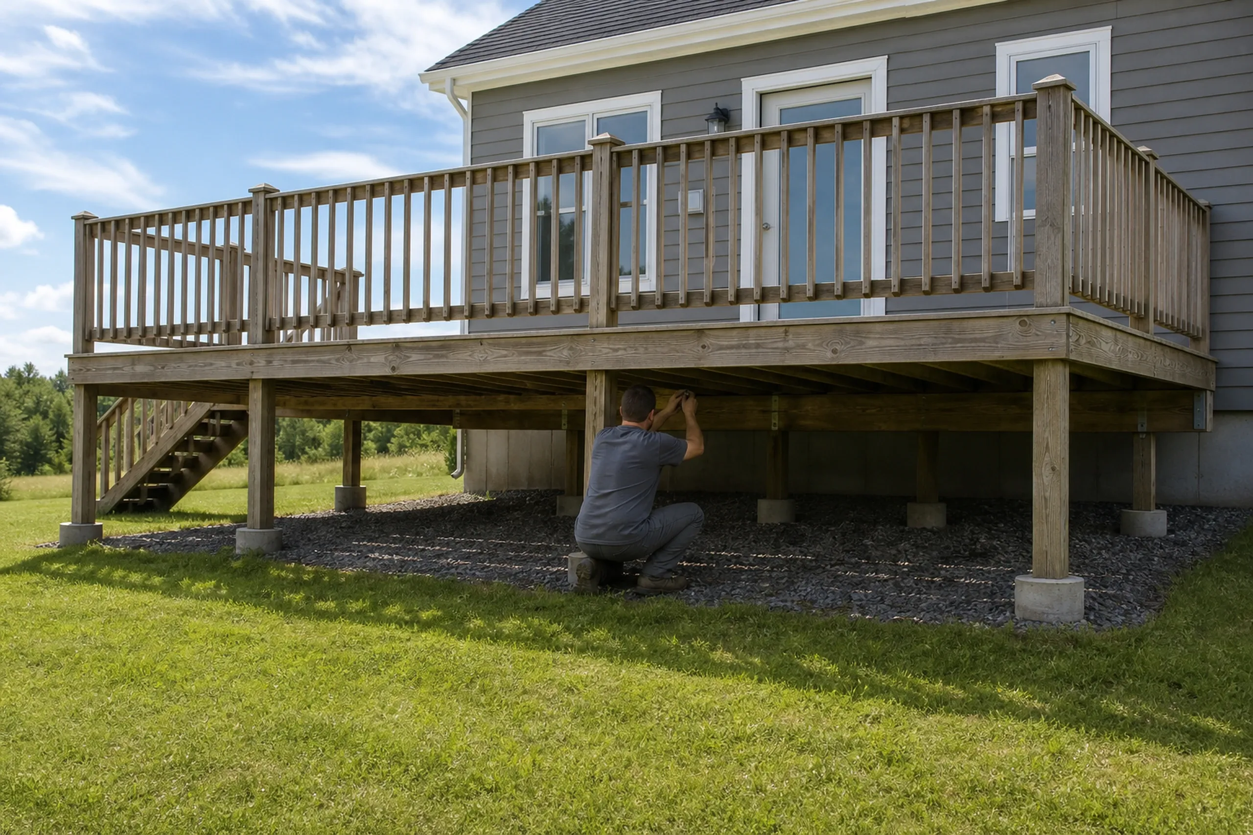 Wooden deck with vertical railing attached to gray house; a man crouches under deck inspecting or working on it.
