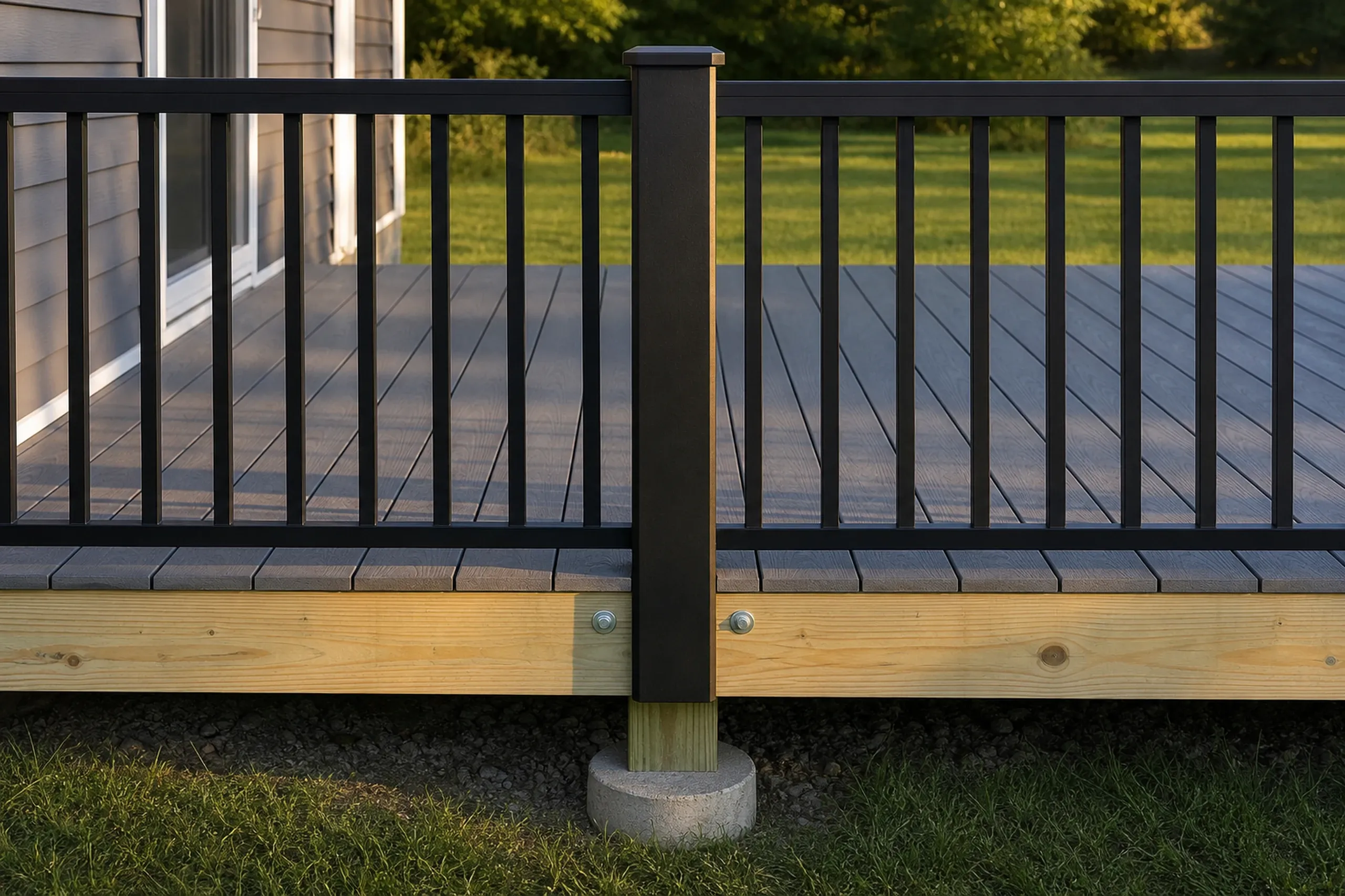 Wooden deck with dark vertical metal railing attached to gray-sided house, grass and trees in background, no people visible.