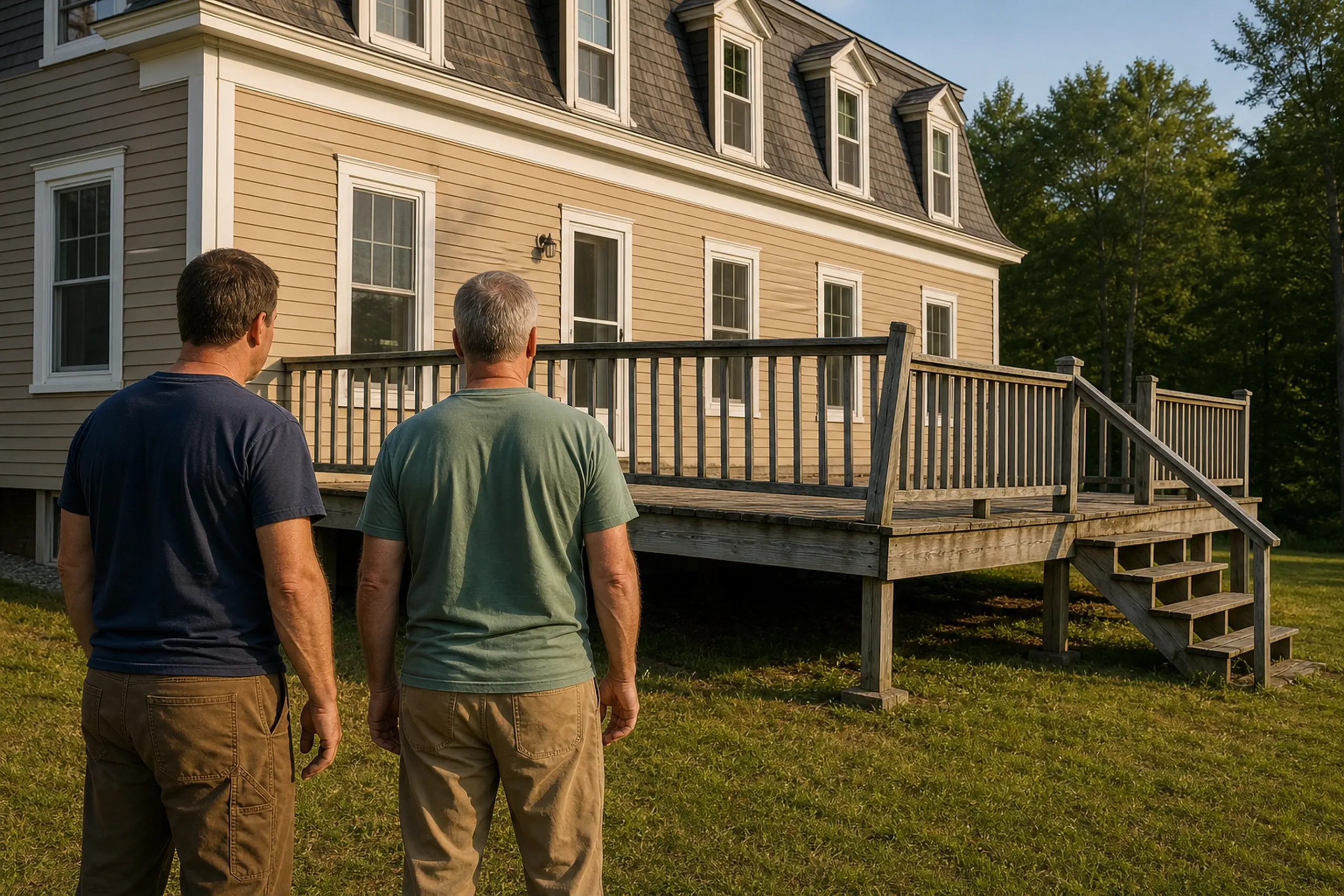Two men stand on grass facing a beige house with white-trim windows, a raised wooden deck, and a railing with stairs on the right side.