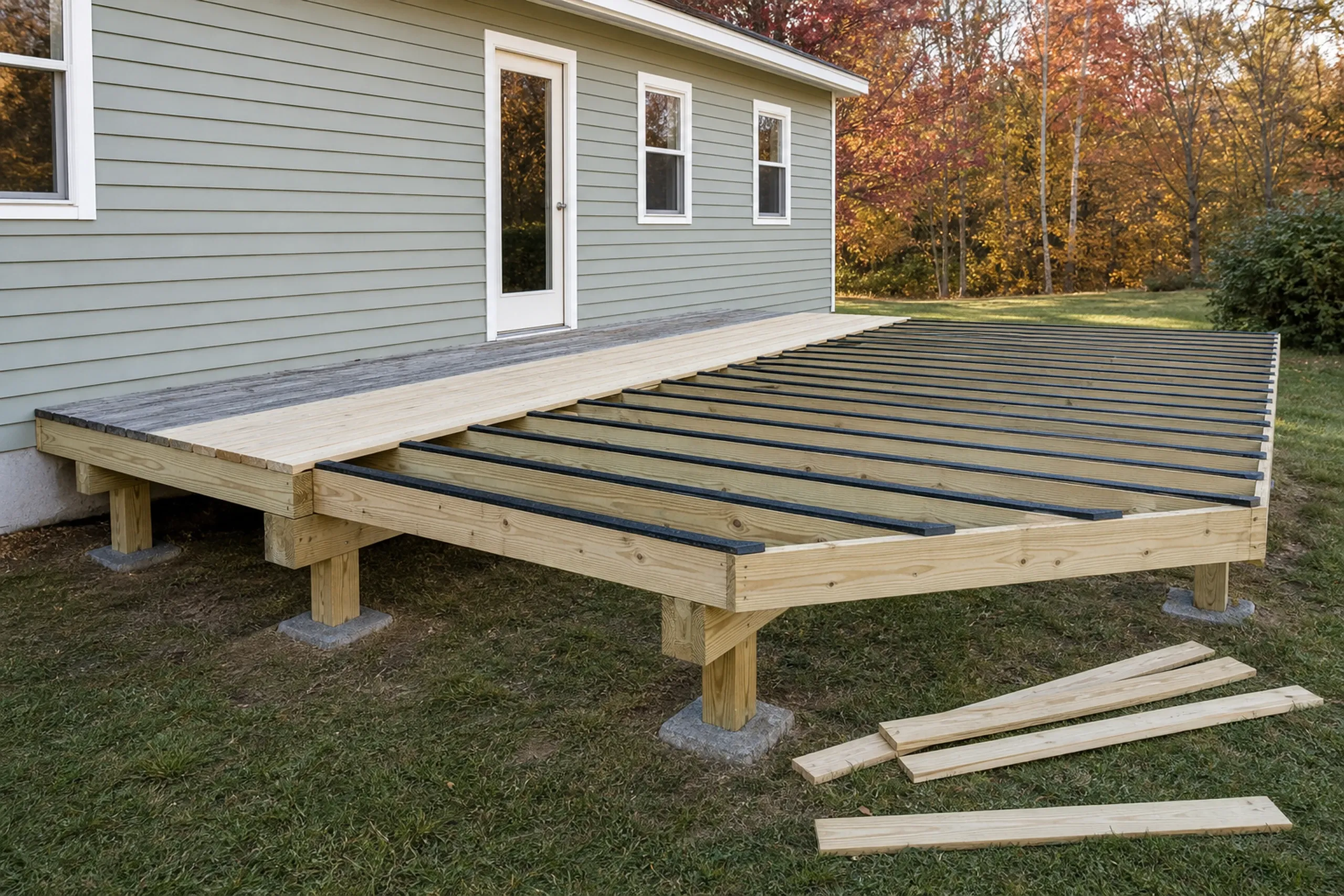 Partial wooden deck with black support beams and no railing attached to a gray house with three white-trimmed windows and a door.