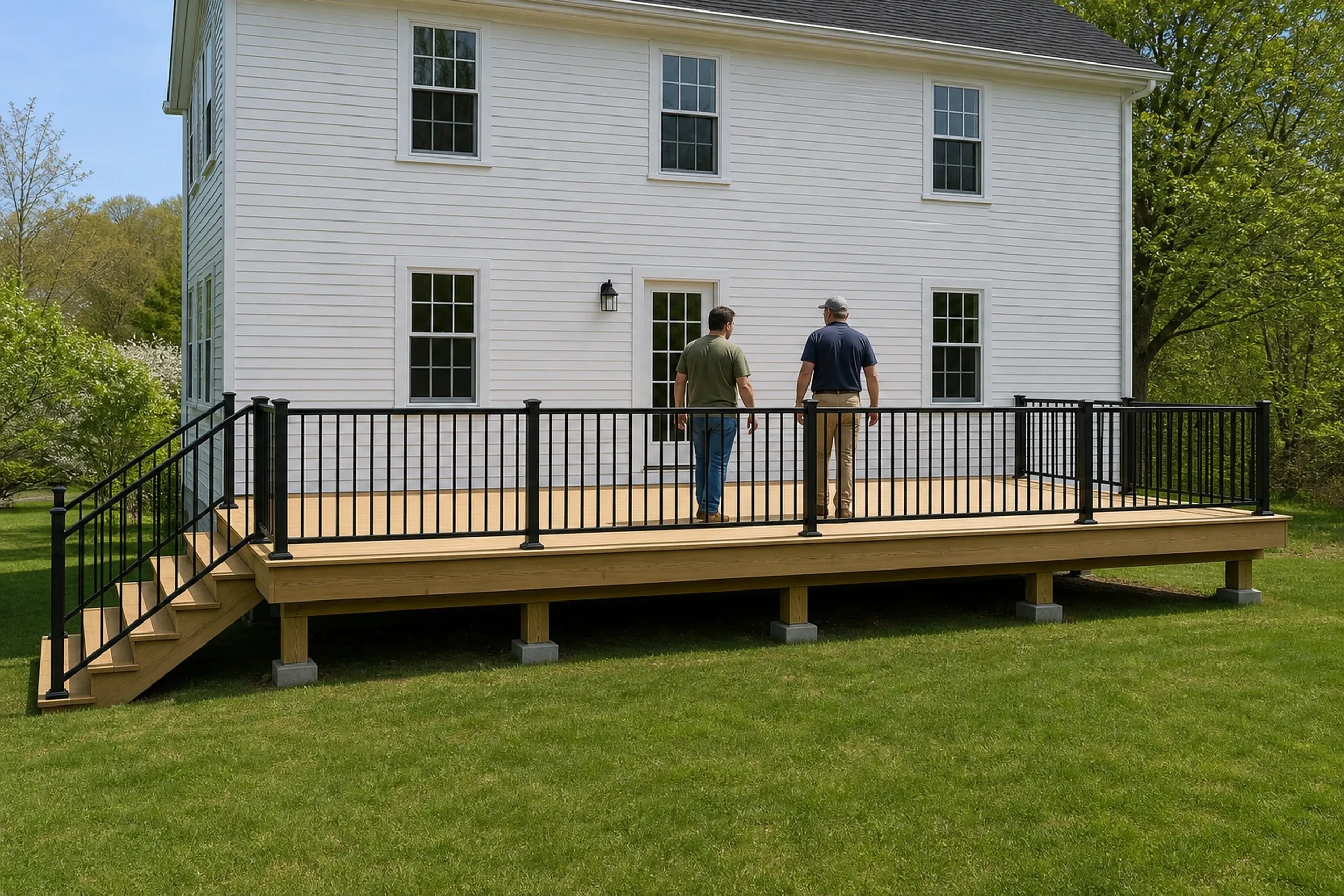 Two men stand on a light wood deck with black metal railings attached to a white two-story house.