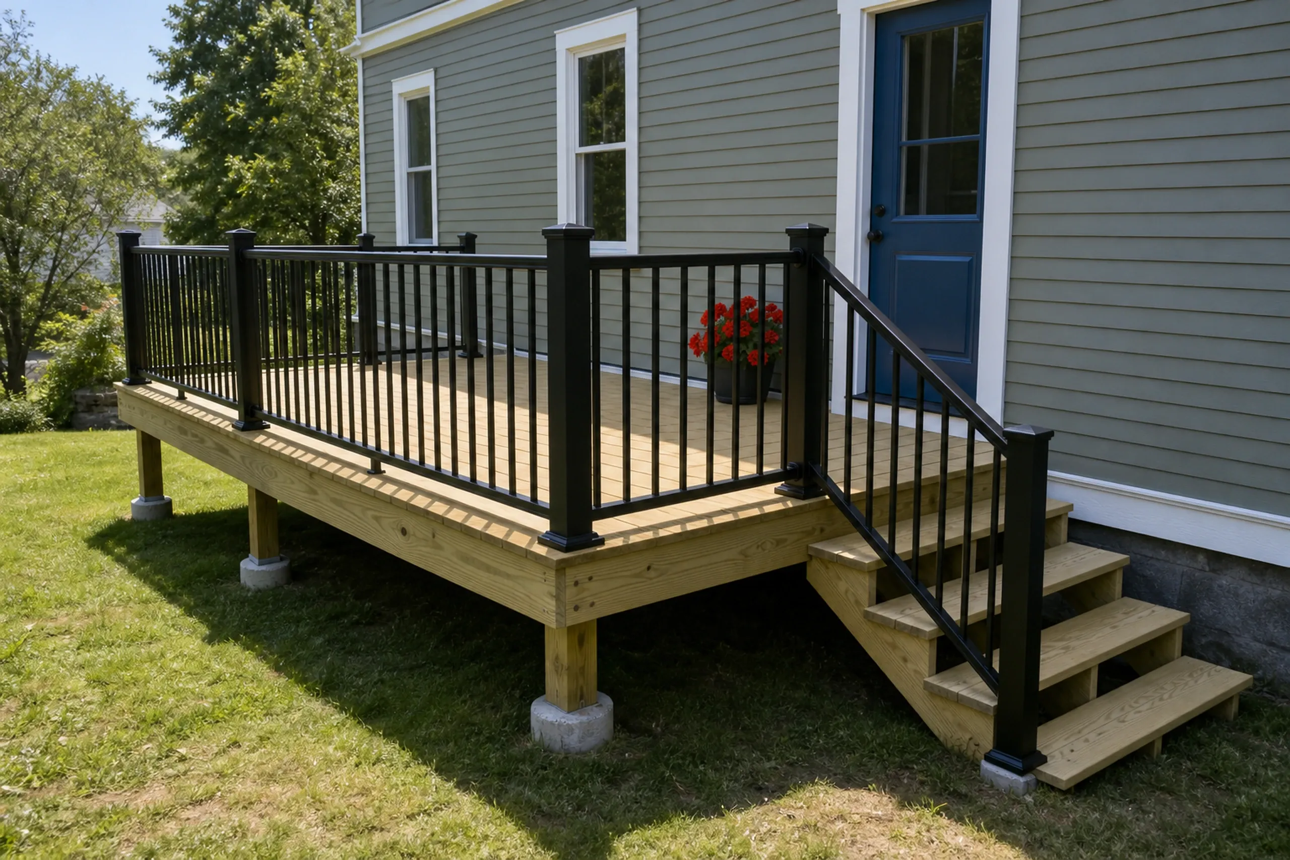 Wooden deck with black metal railing and stairs attached to gray house with white trim and blue door, with red flowers on deck.