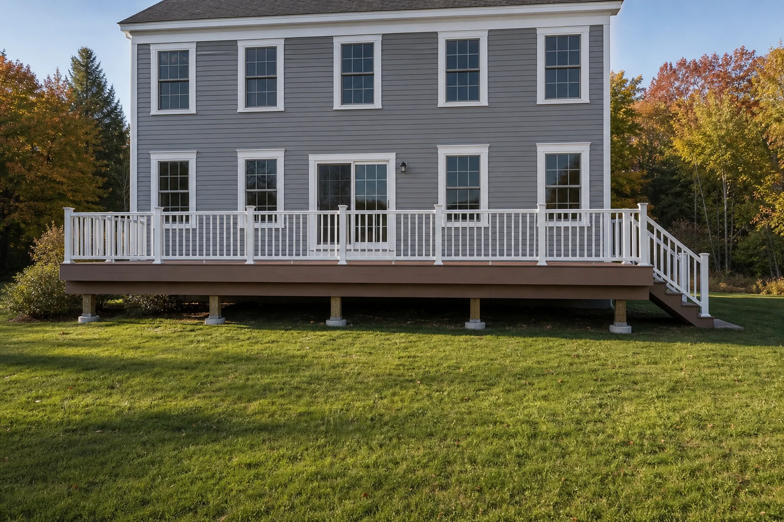Two children sit on a brown deck with white railing attached to a gray two-story house with multiple windows.