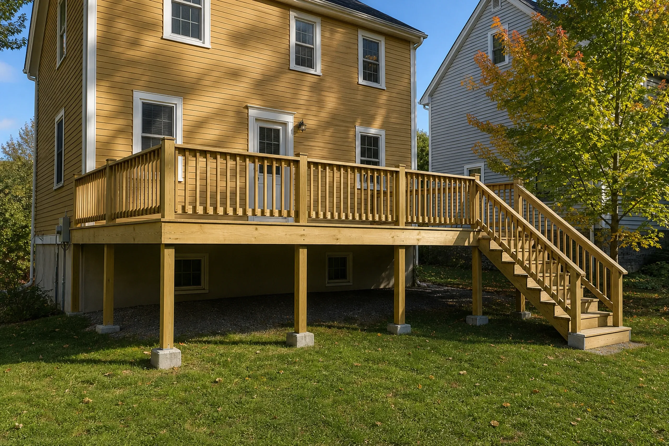 Wooden deck with vertical railing and stairs attached to yellow two-story house, empty yard, no people visible.