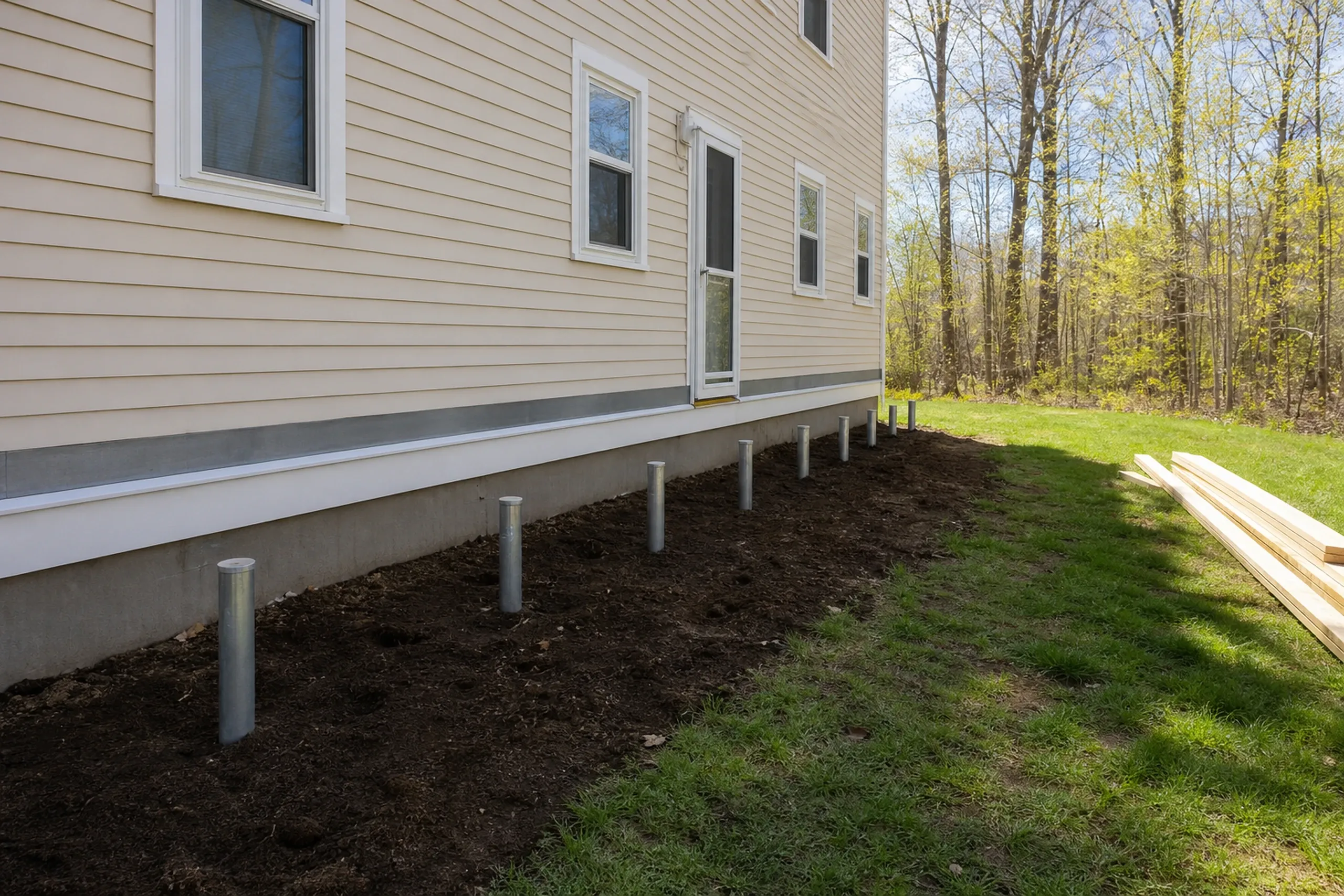 Photo shows a beige house with multiple windows, metal posts along the foundation, and stacked lumber near a grassy area.