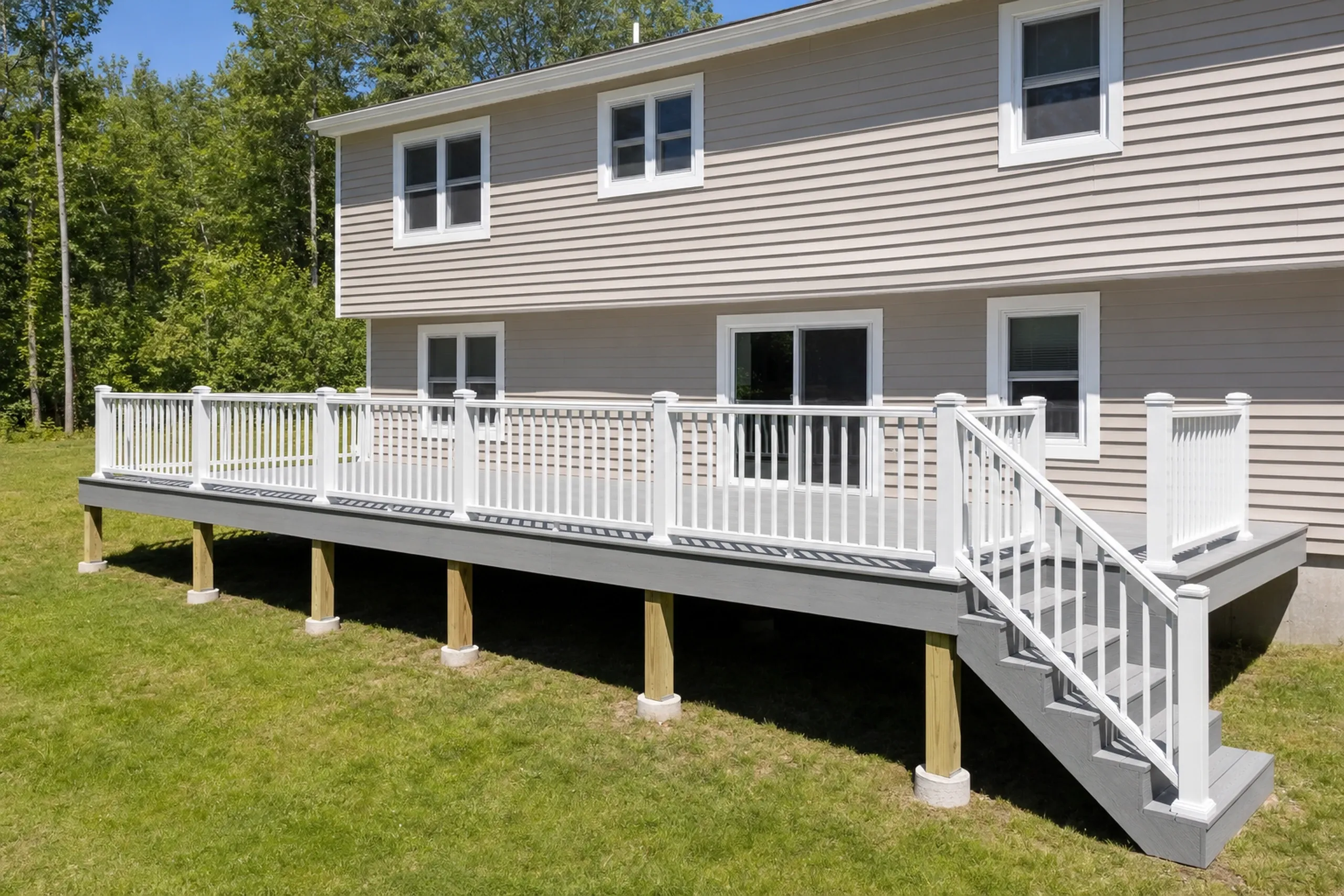 Deck replacement: Large gray deck with white railing and stairs attached to beige two-story house, surrounded by grass and trees; no people visible.