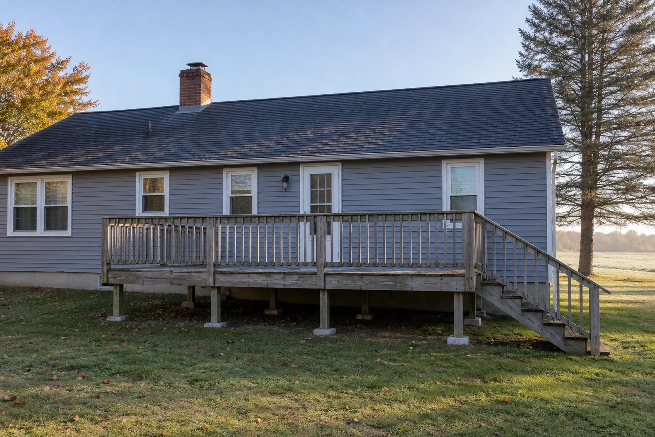 Wooden deck with railing and stairs attached to a gray house with multiple windows and one person standing on the deck near the door.