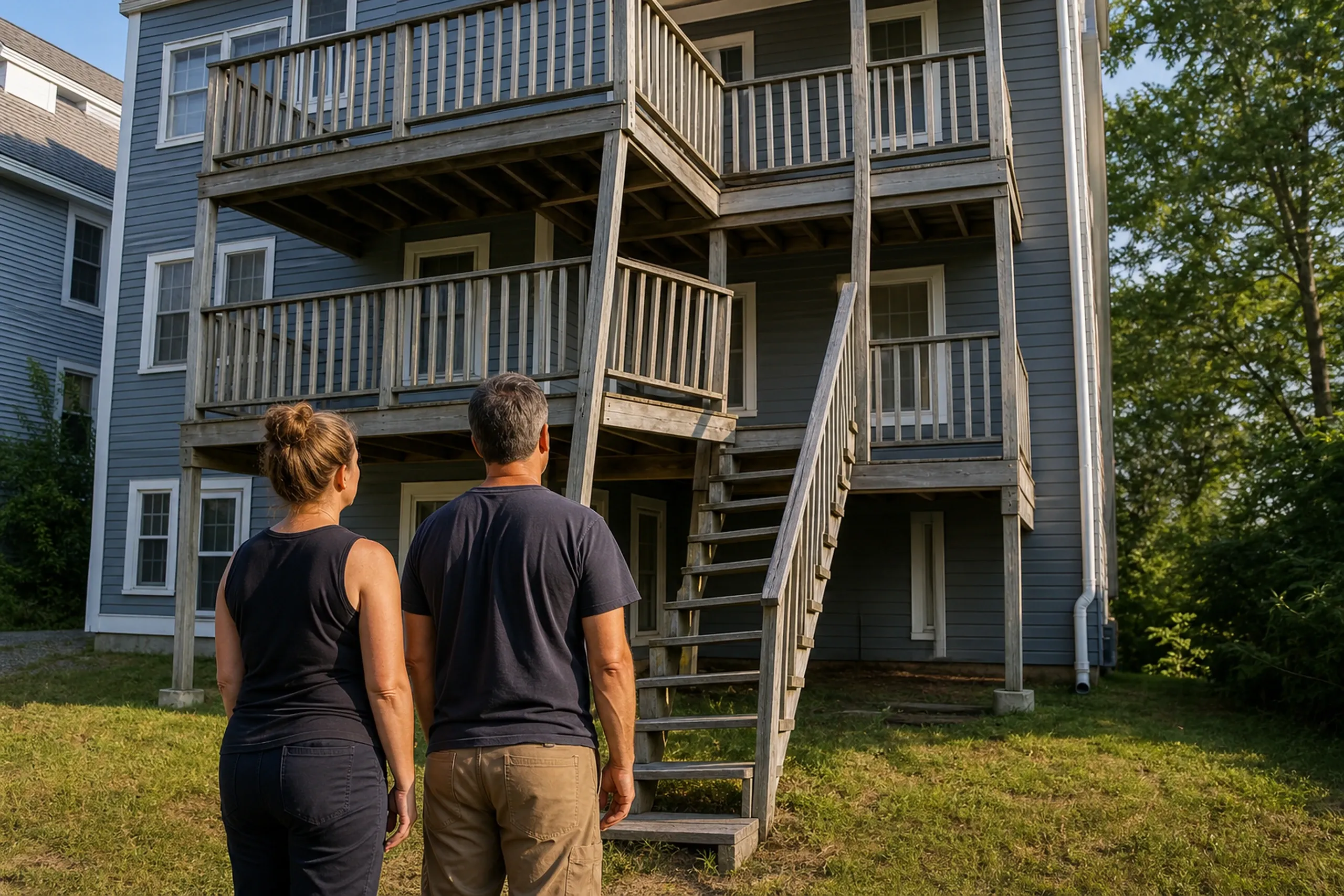 Two people stand on grass facing a blue house with two wooden decks, wooden railings, and an exterior staircase.