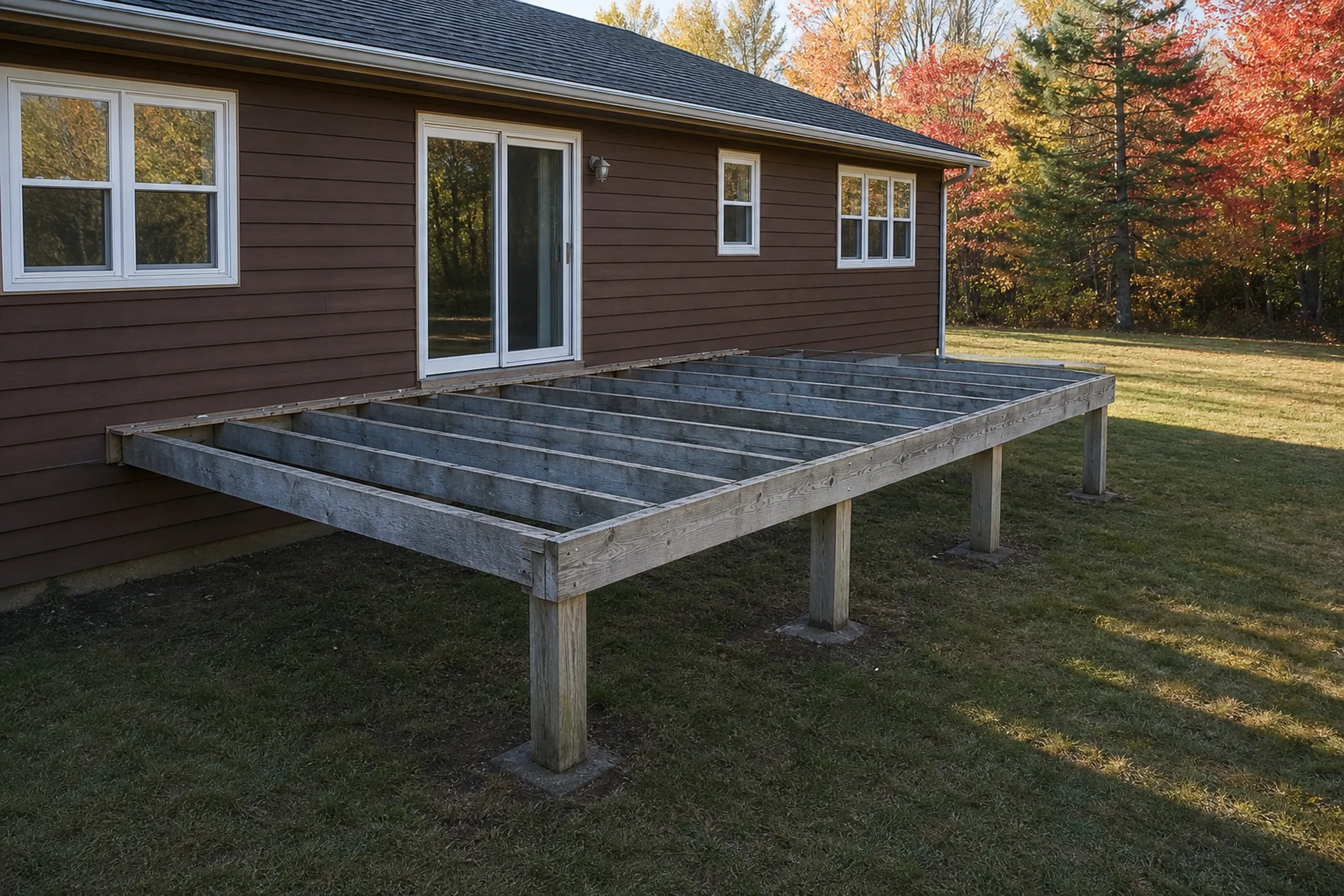 Wood-framed rectangular deck without railing attached to a brown house with white-trimmed windows and glass sliding doors.